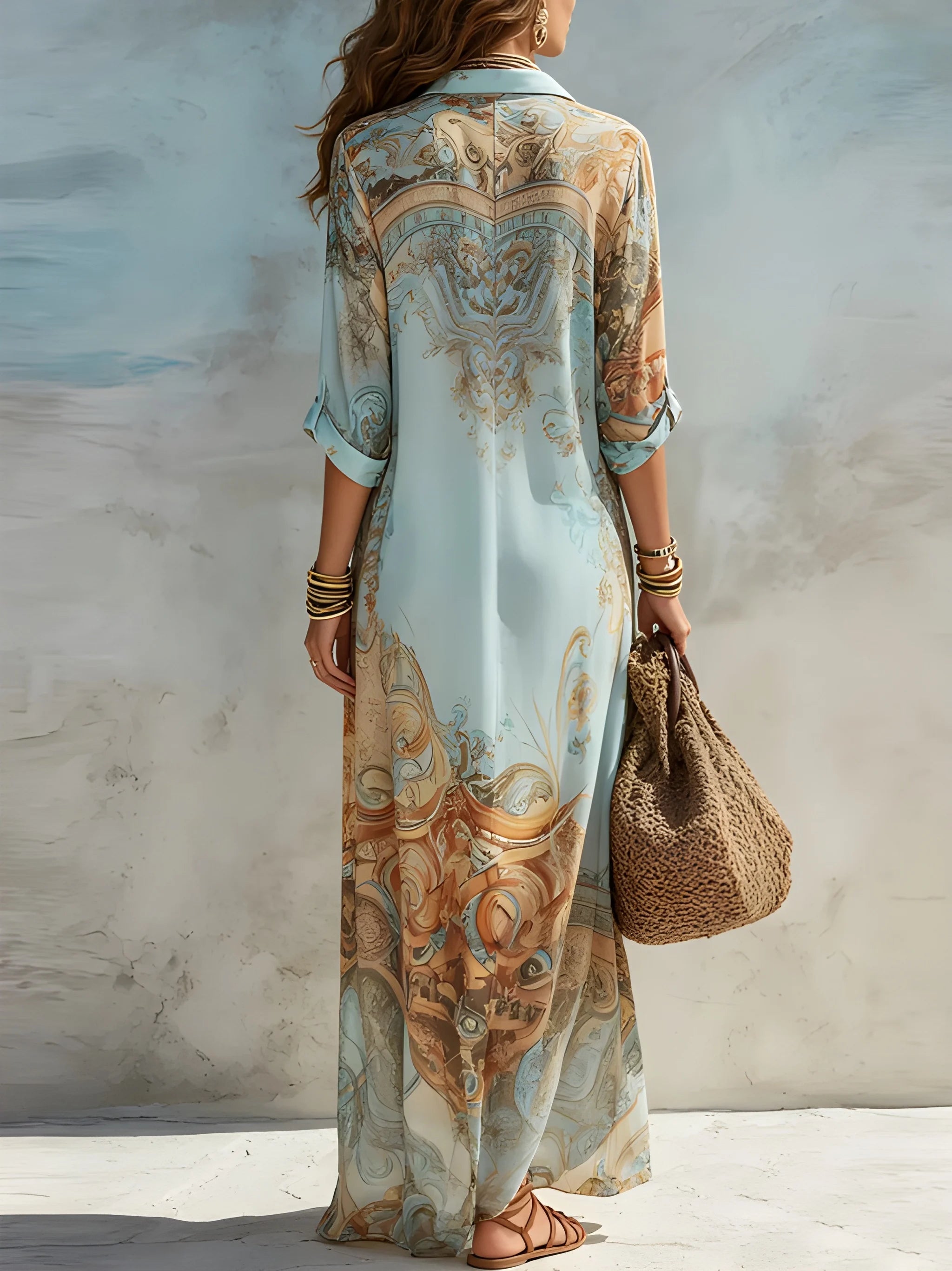 Women's Casual Printed Maxi Summer Shirt Dress with Waist Tie