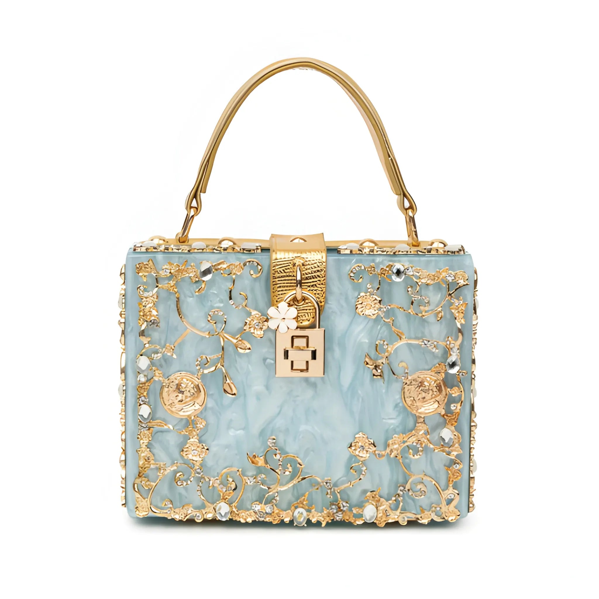 Women's Structured Hand Bag with Floral Embellishments and Top Handle