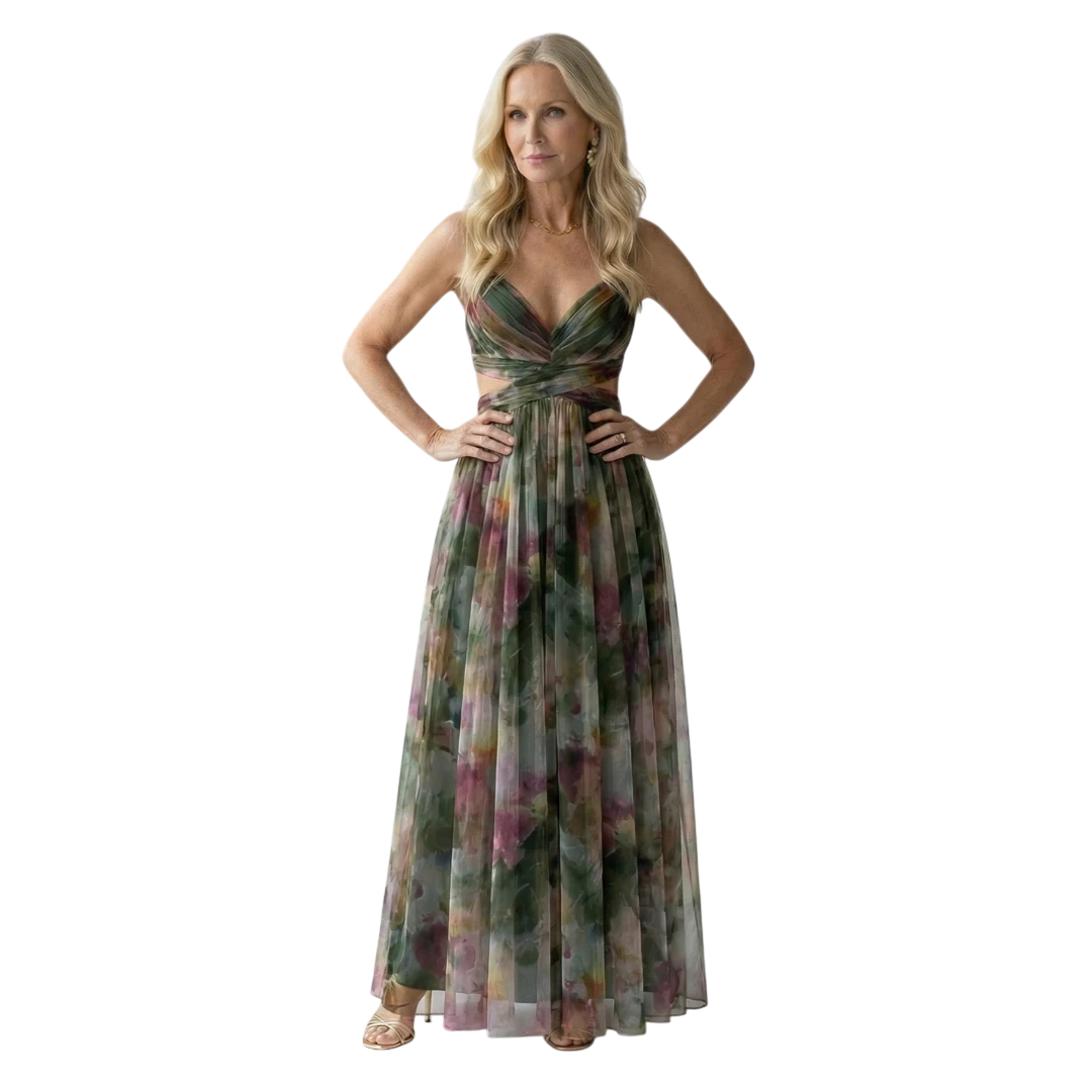 Women's Floral Maxi Wedding Guest Dress with Sweetheart Neckline and Tulle
