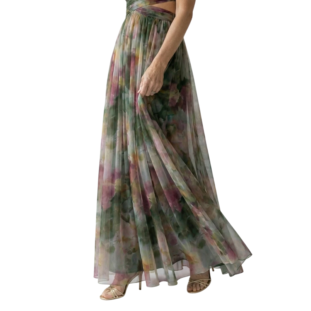 Women's Floral Maxi Wedding Guest Dress with Sweetheart Neckline and Tulle