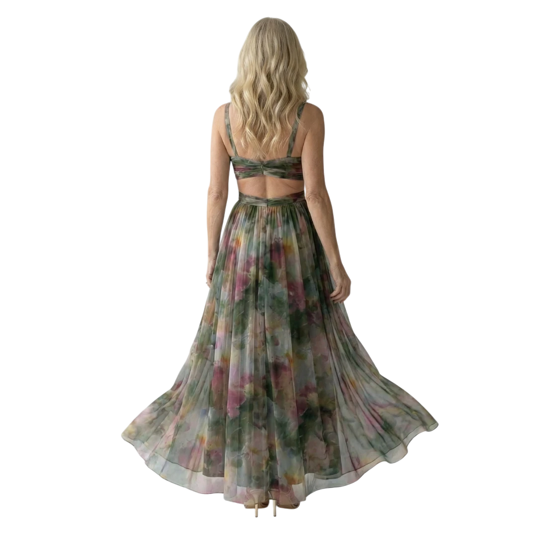Women's Floral Maxi Wedding Guest Dress with Sweetheart Neckline and Tulle