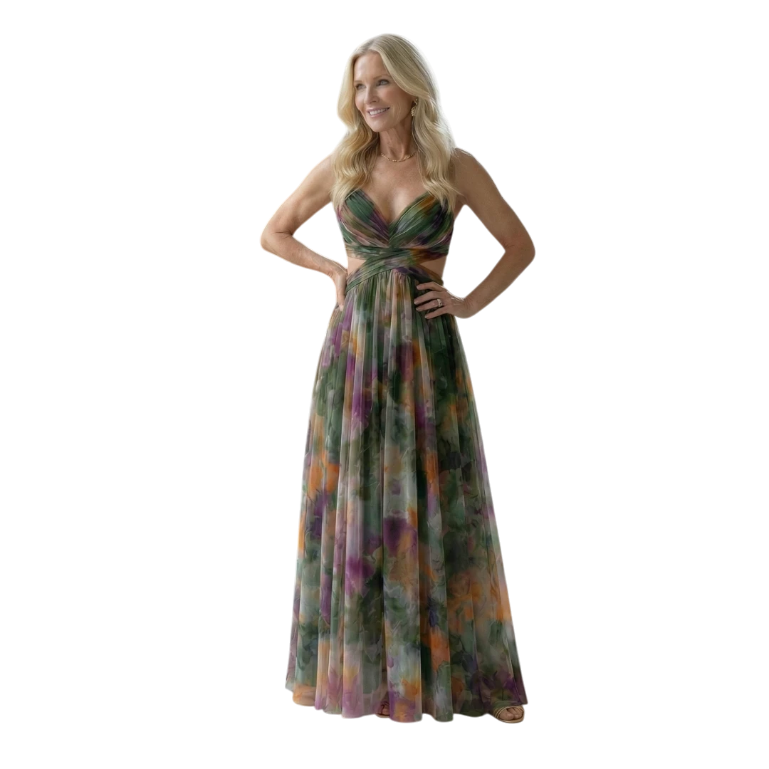 Women's Floral Maxi Wedding Guest Dress with Sweetheart Neckline and Tulle