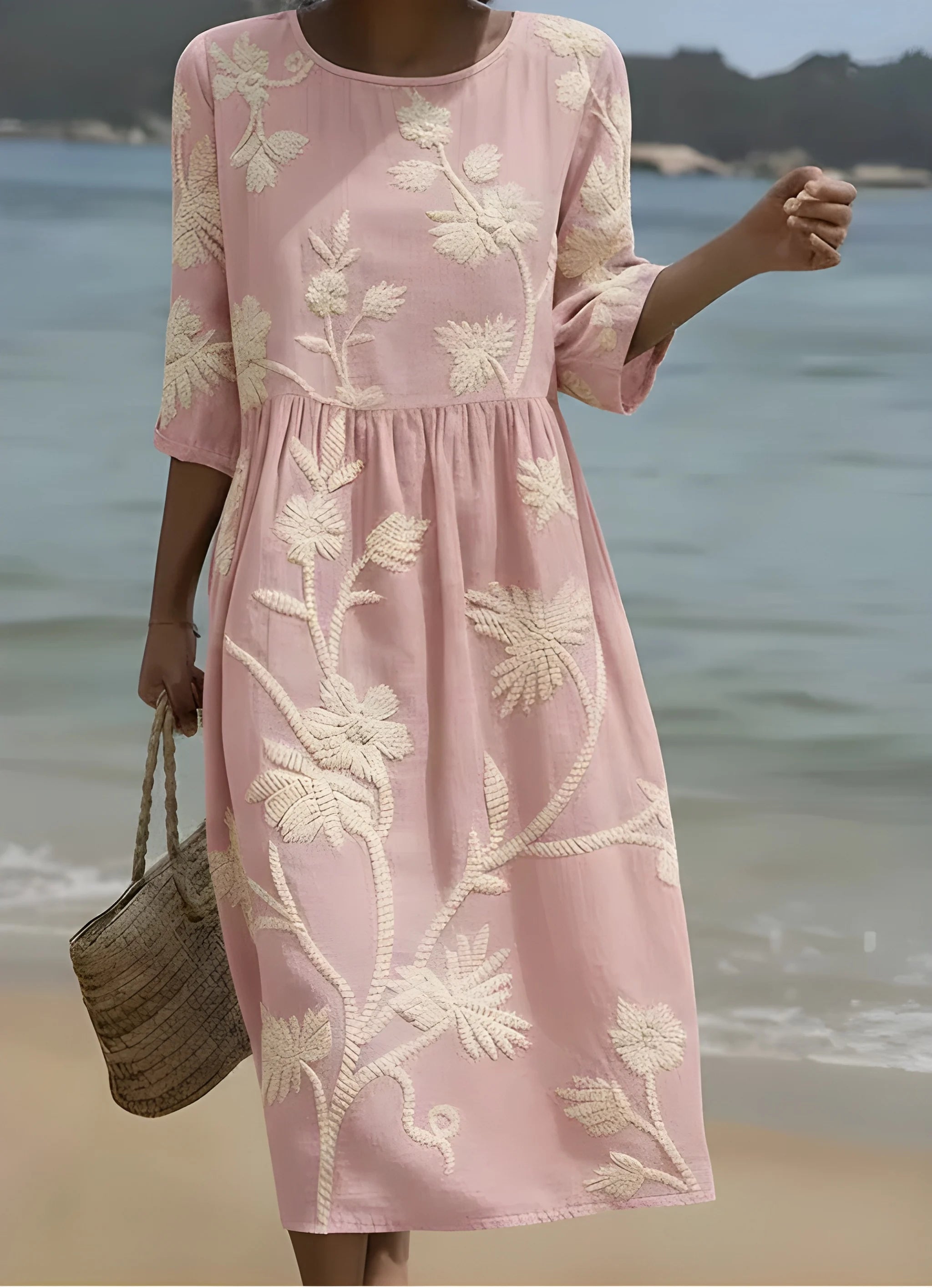 Women's Floral Boho Midi Summer Dress with Embroidered Details