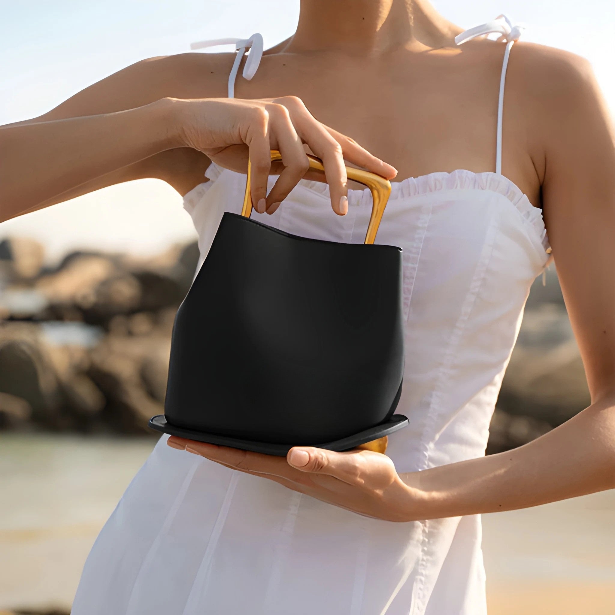 Women's Asymmetrical Hand Bag with Geometric Handle and Detachable Strap