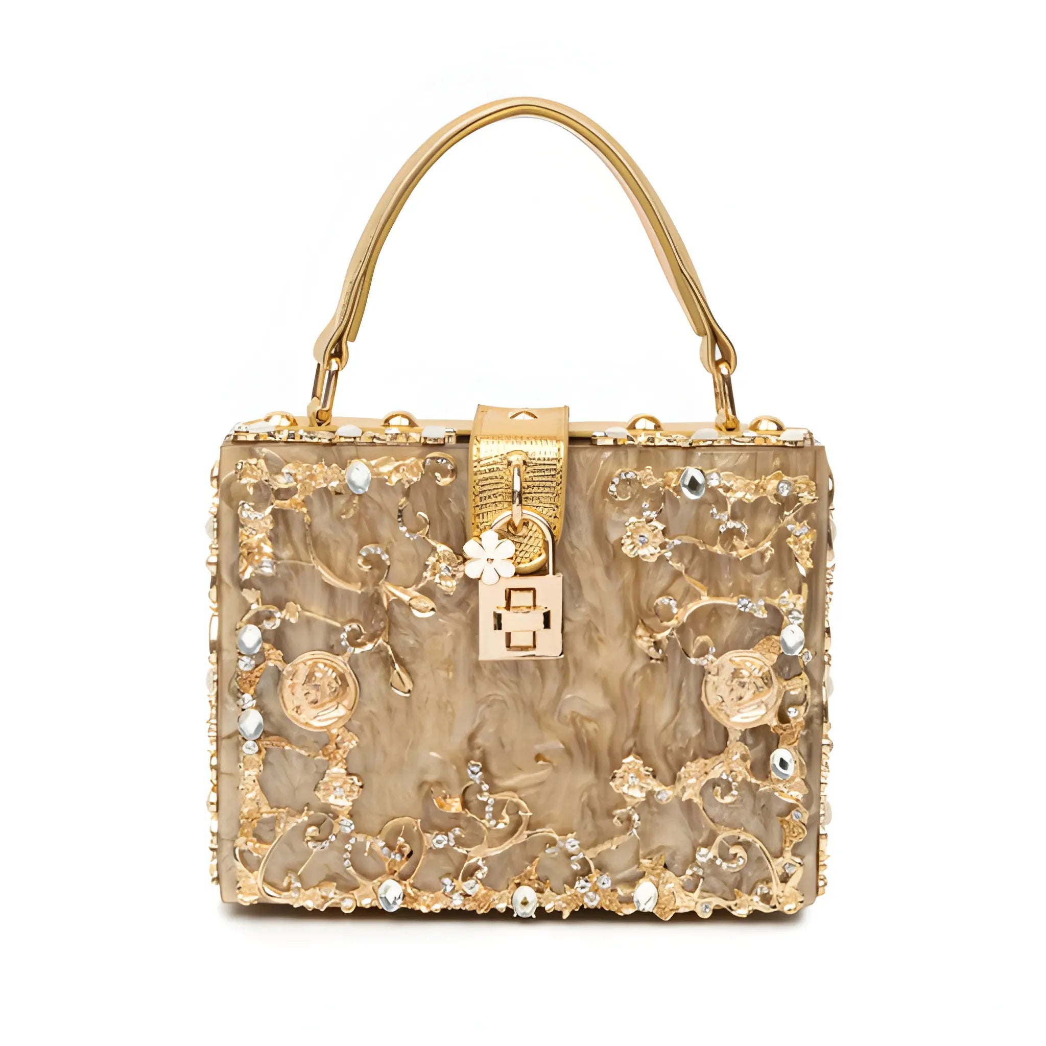 Women's Structured Hand Bag with Floral Embellishments and Top Handle