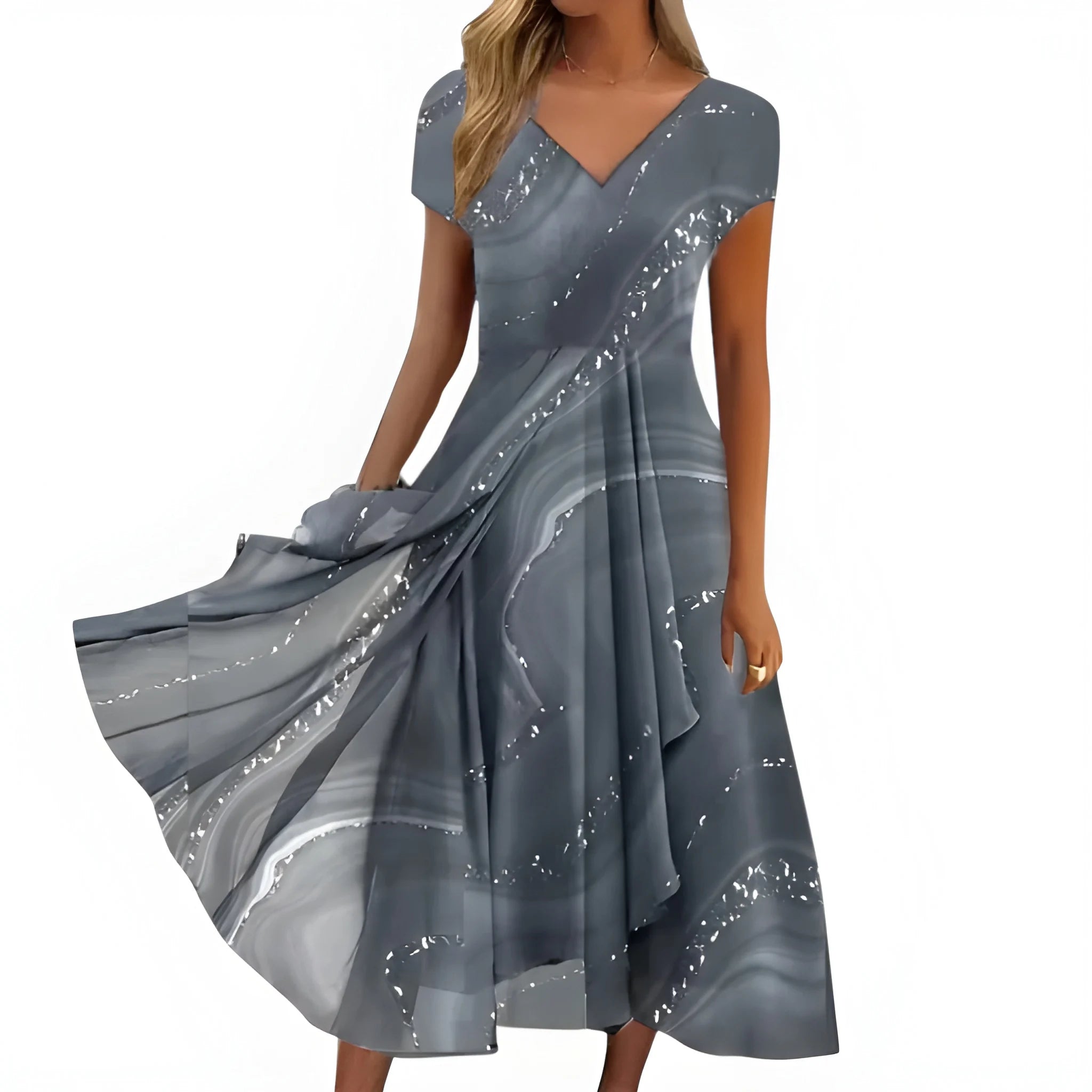 Women's Elegant Flowy Midi Summer Dress with V-Neck and Short Sleeves
