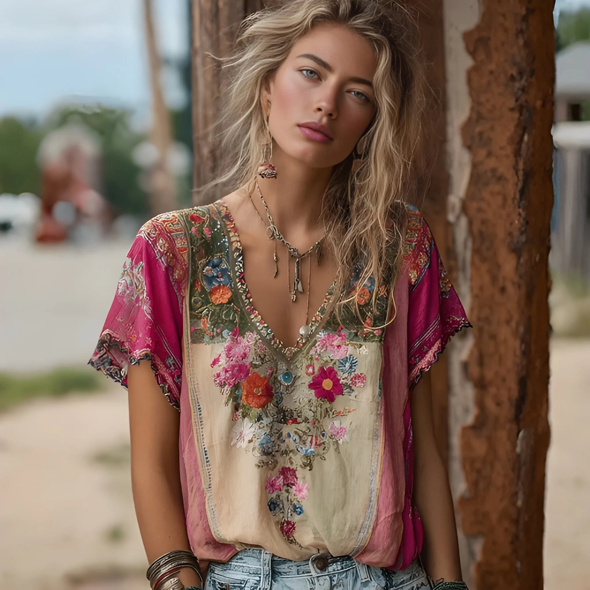 Women's Summer Blouse with V-Neck and Short Sleeve