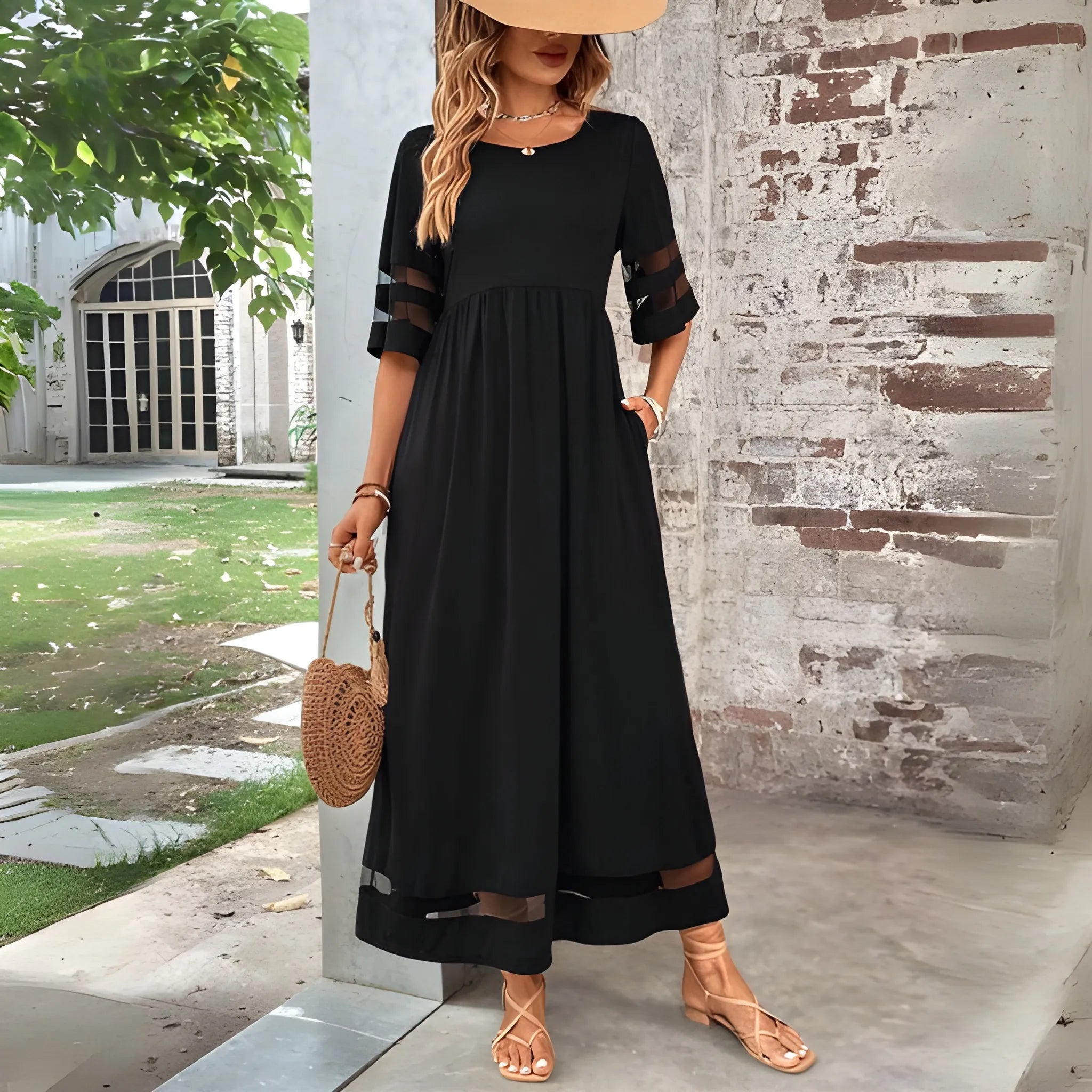 Women's Elegant Flowy Midi Summer Dress with Mesh Detail