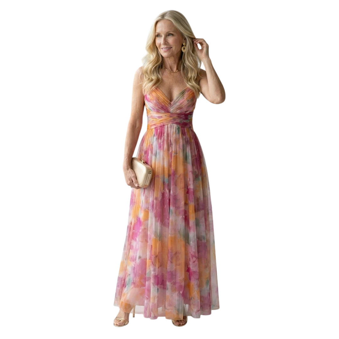 Women's Floral Maxi Wedding Guest Dress with Sweetheart Neckline and Tulle