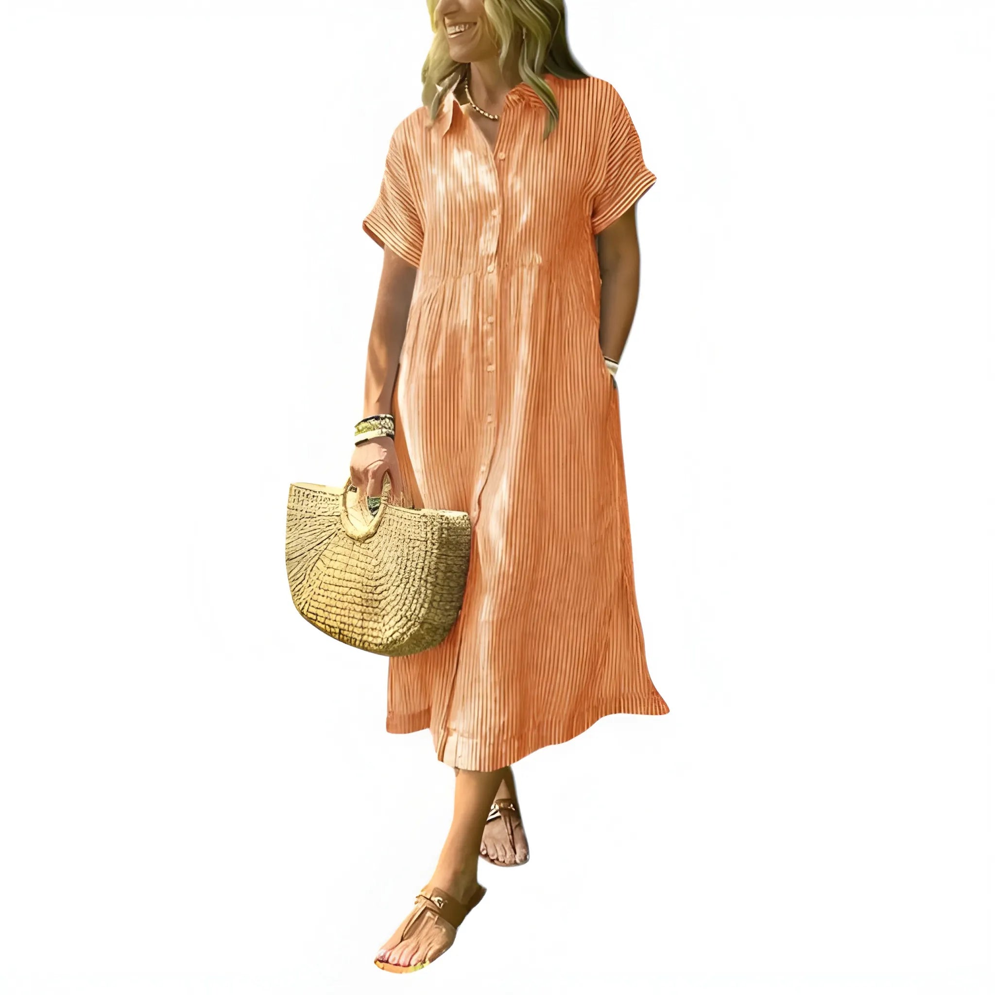 Women's Casual Flowy Midi Summer Dress with Short Sleeve and Button Front