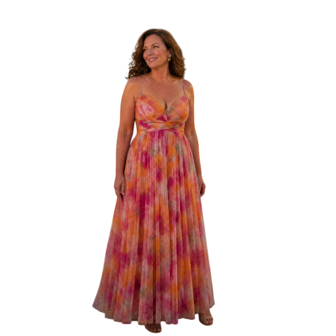 Women's Floral Maxi Wedding Guest Dress with Sweetheart Neckline and Tulle
