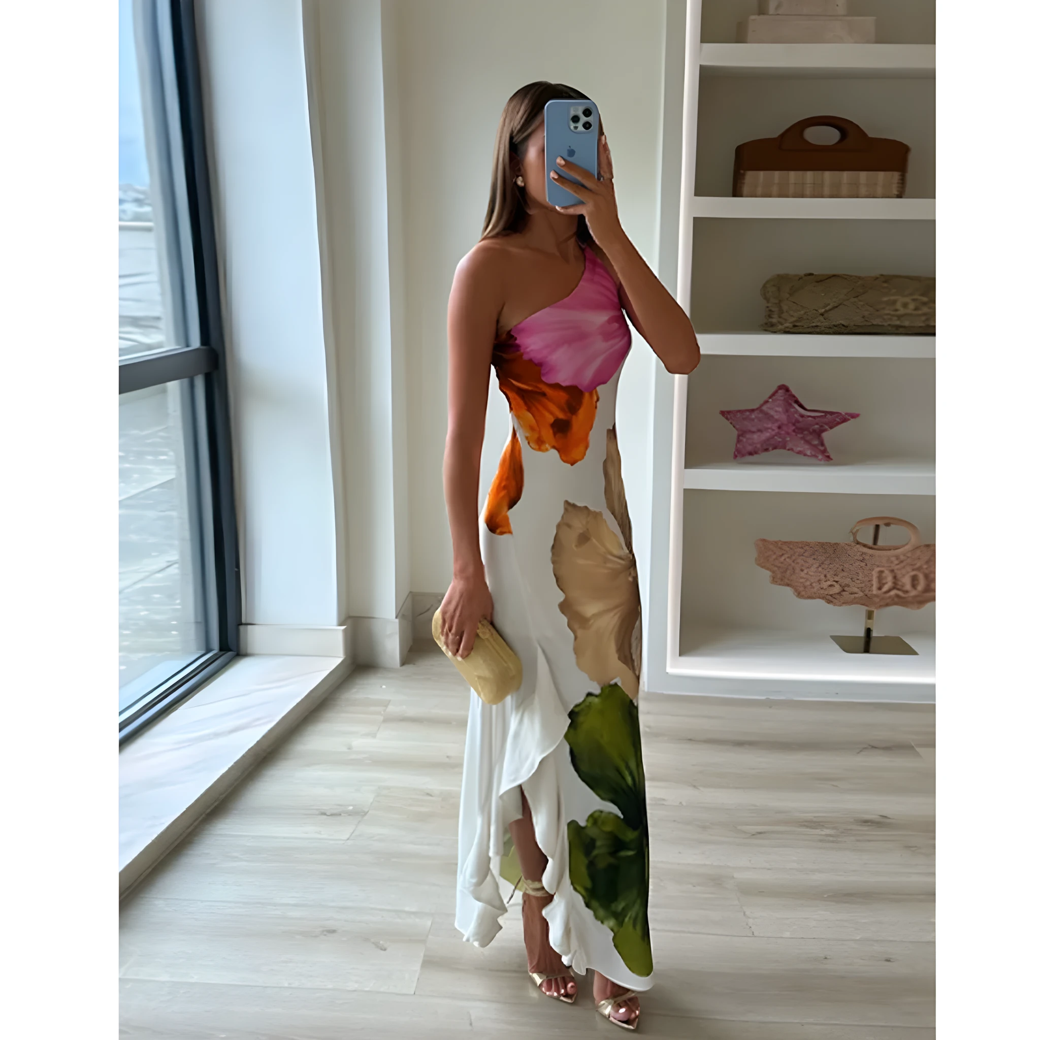Women's Floral One Shoulder Maxi Summer Dress with Ruffle Detail