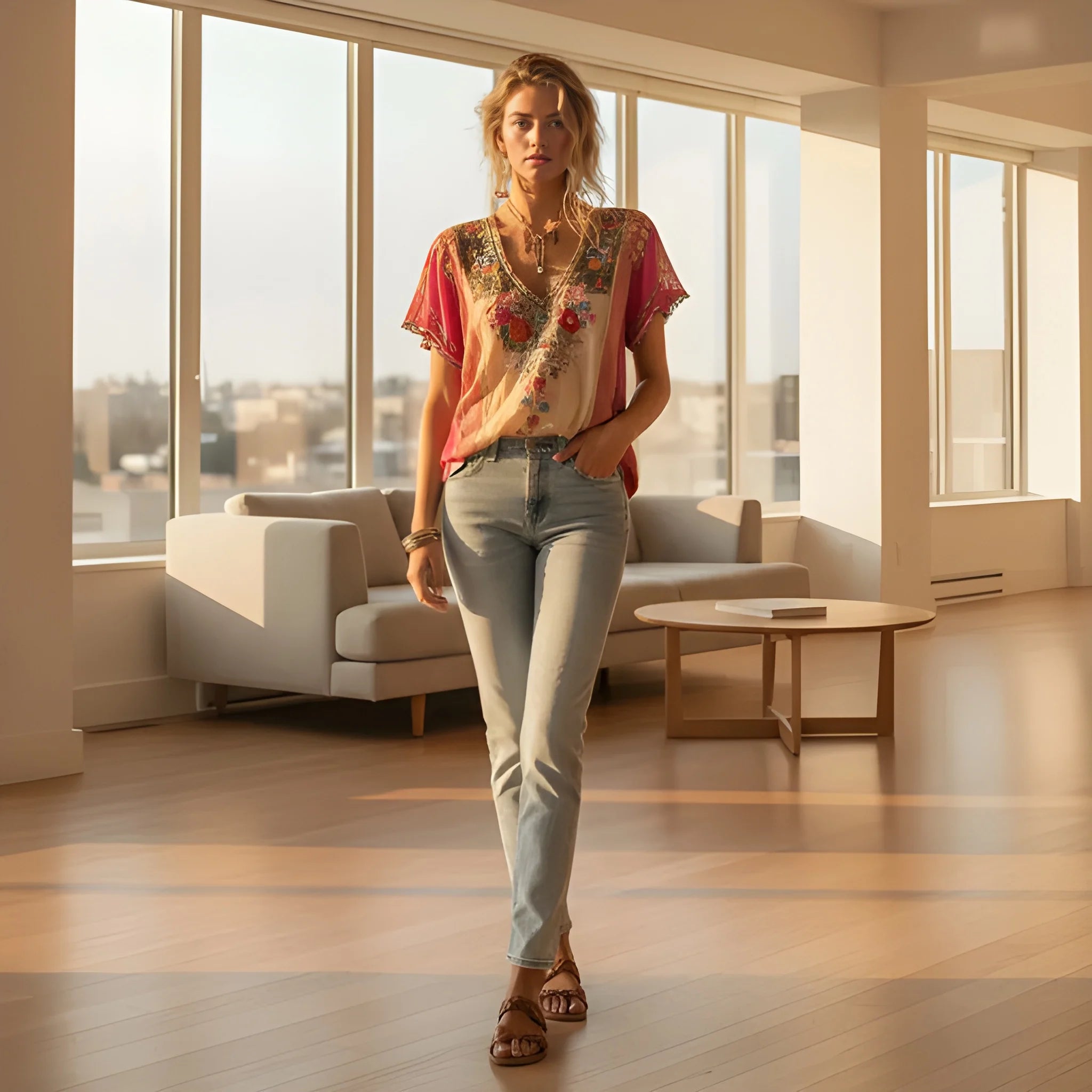 Women's Summer Blouse with V-Neck and Short Sleeve