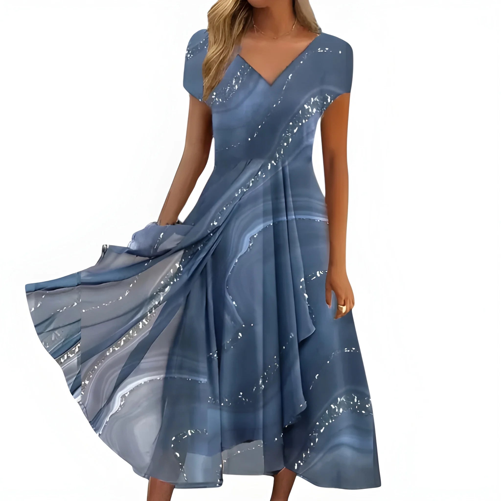 Women's Elegant Flowy Midi Summer Dress with V-Neck and Short Sleeves