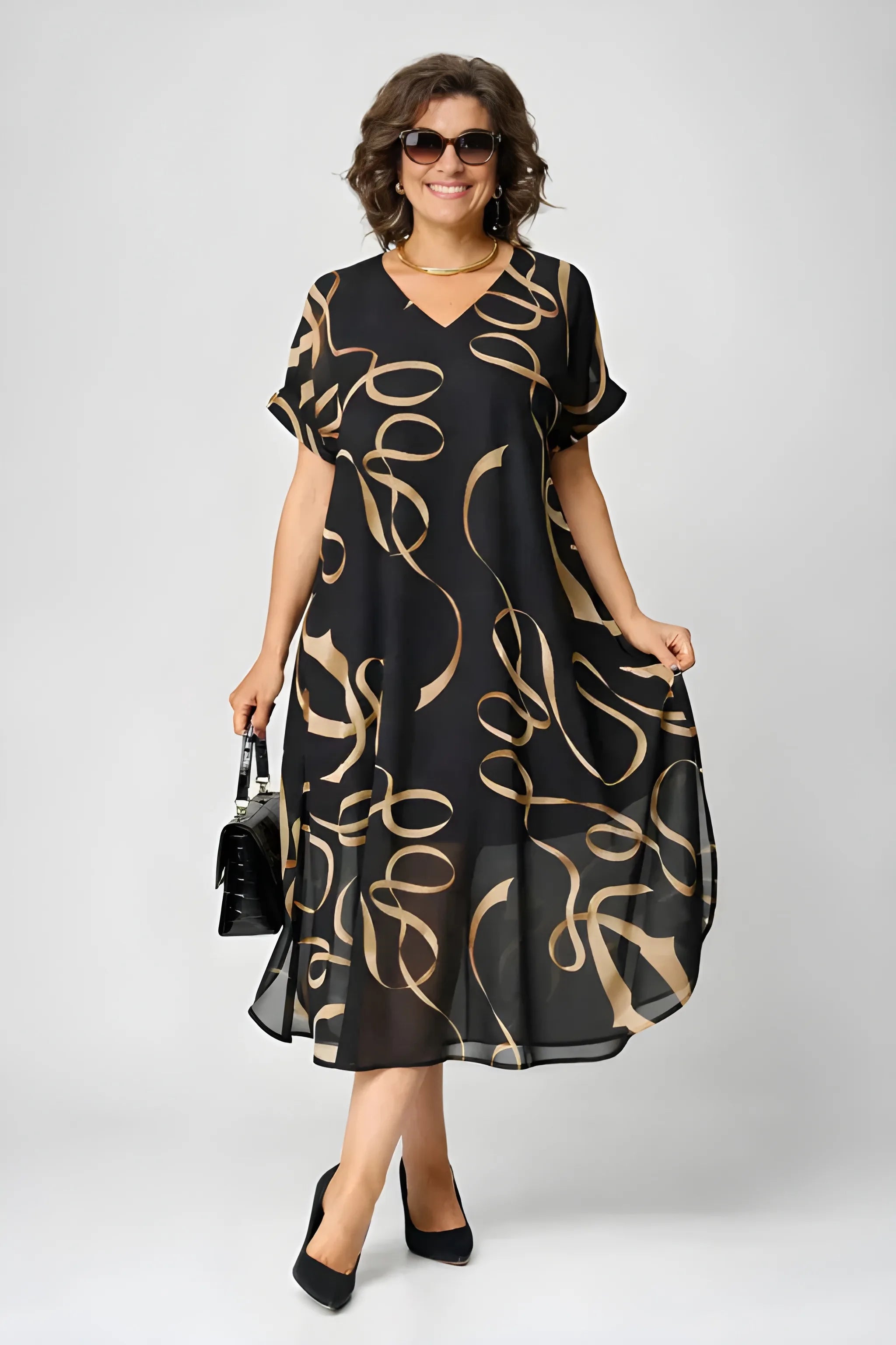 Women's Printed Flowy Midi Summer Dress with V-Neck