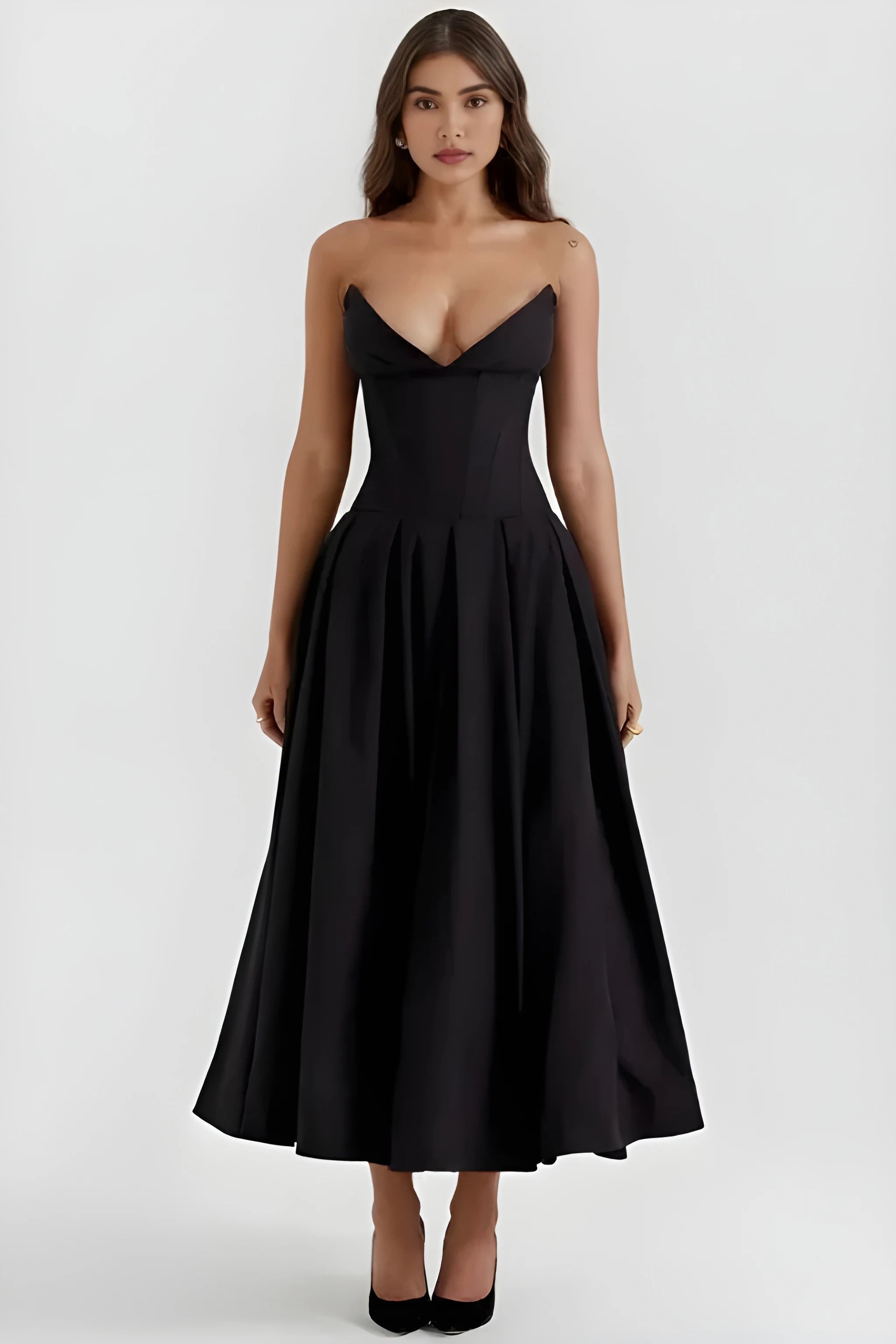 Women's Ethereal Structured Maxi Wedding Guest Dress with Corset Back and Spaghetti Straps