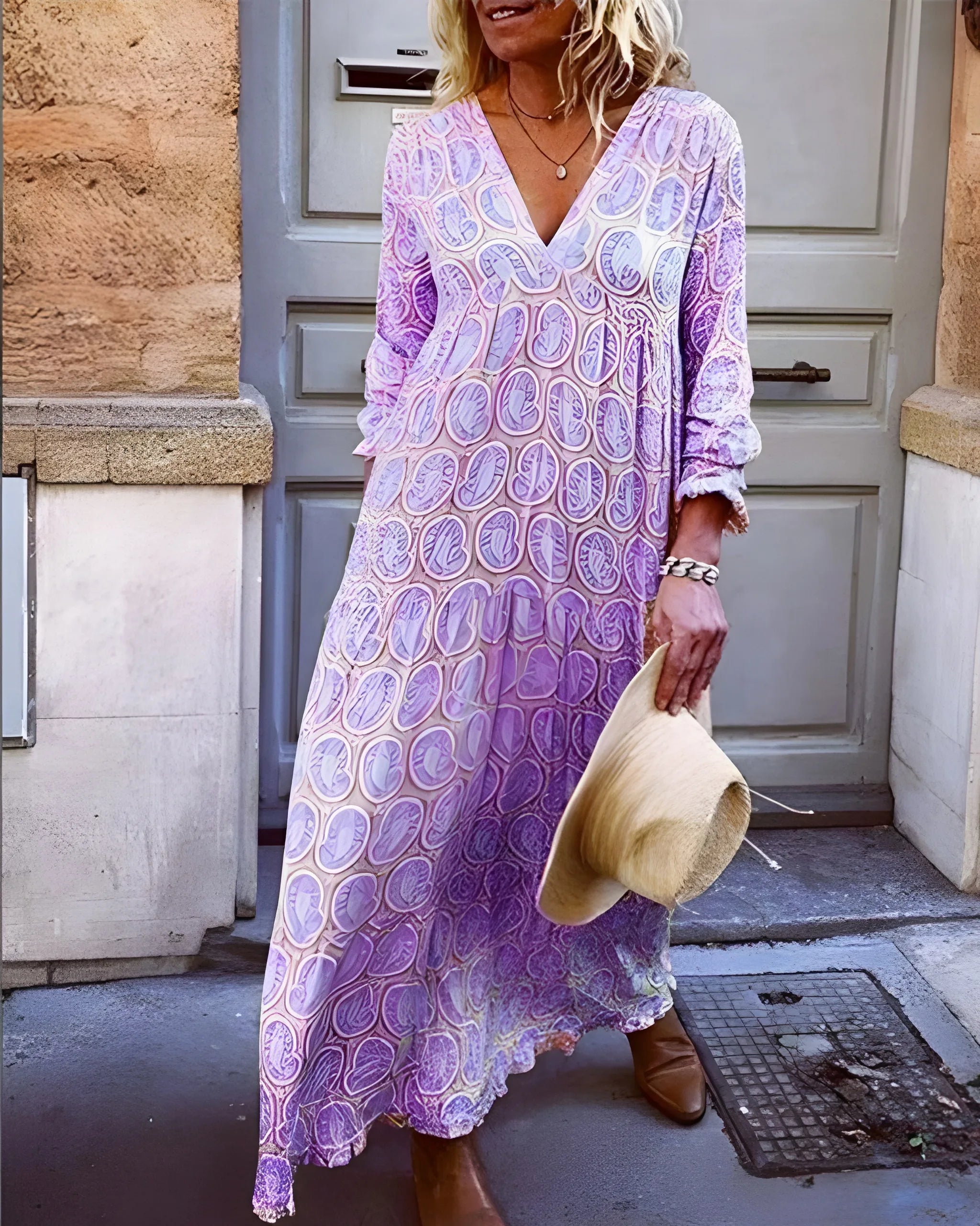 Women's Printed Flowy Maxi Summer Dress with V-Neck