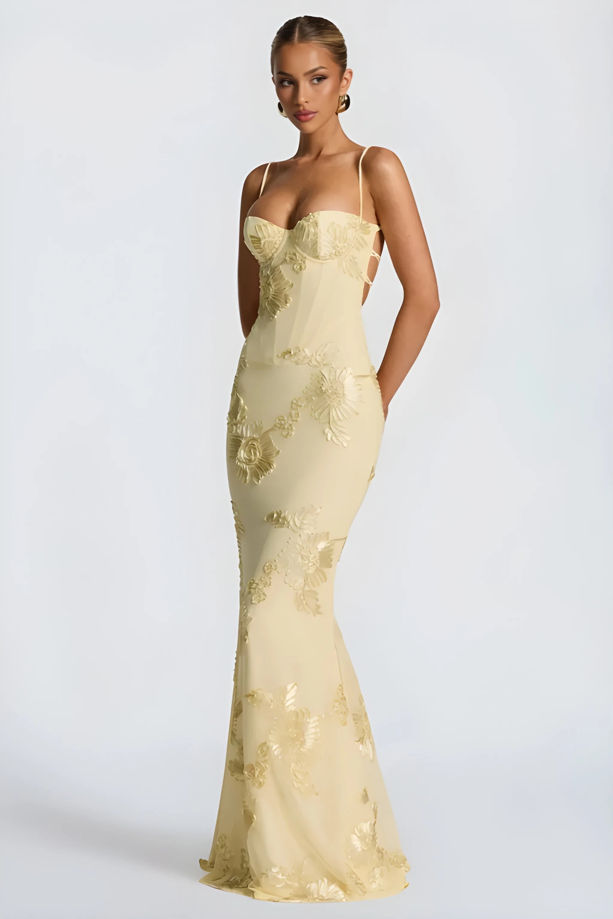 Women's Formal Elegant Maxi Wedding Guest Dress with Embroidered Detailing