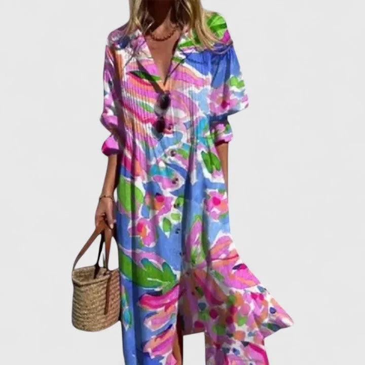 Women's Floral Boho Midi Summer Dress with Short Sleeve and Button
