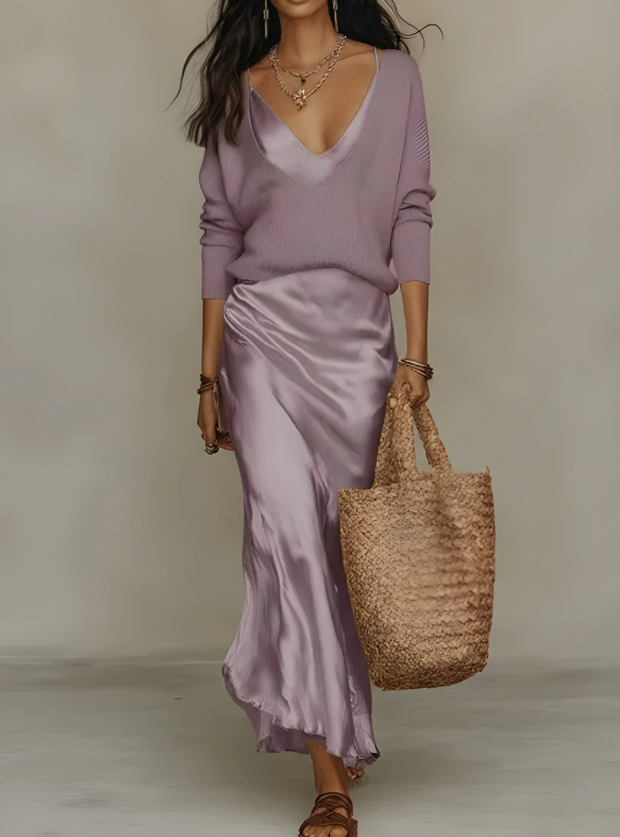 Women's Elegant Flowy Midi Summer Dress with Sweater Set