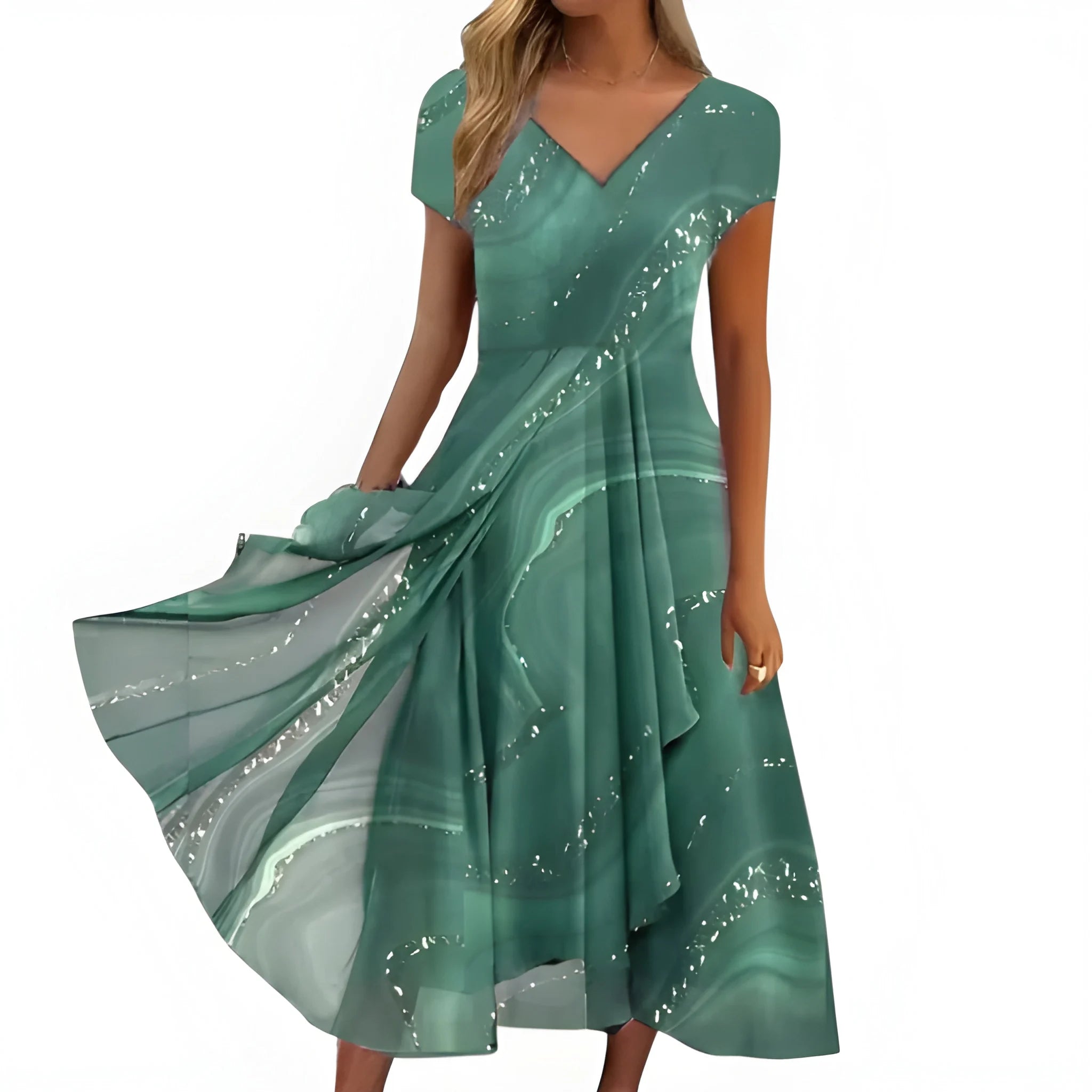 Women's Elegant Flowy Midi Summer Dress with V-Neck and Short Sleeves