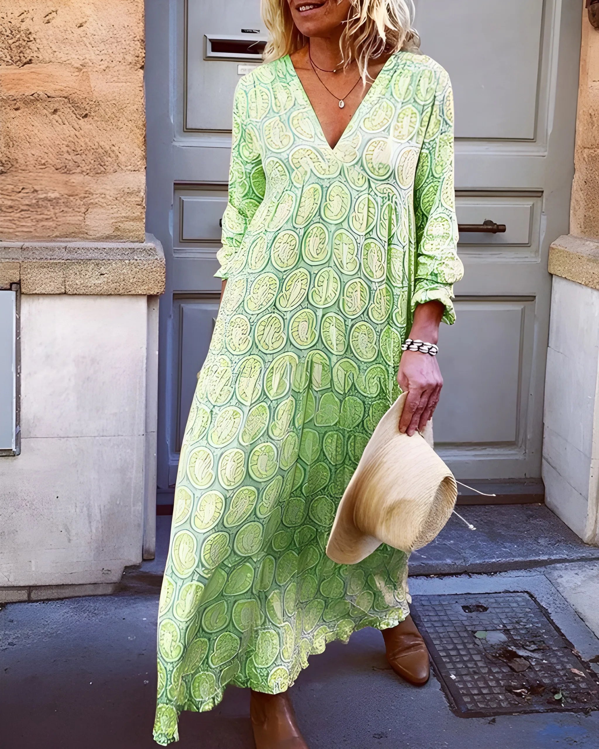 Women's Printed Flowy Maxi Summer Dress with V-Neck