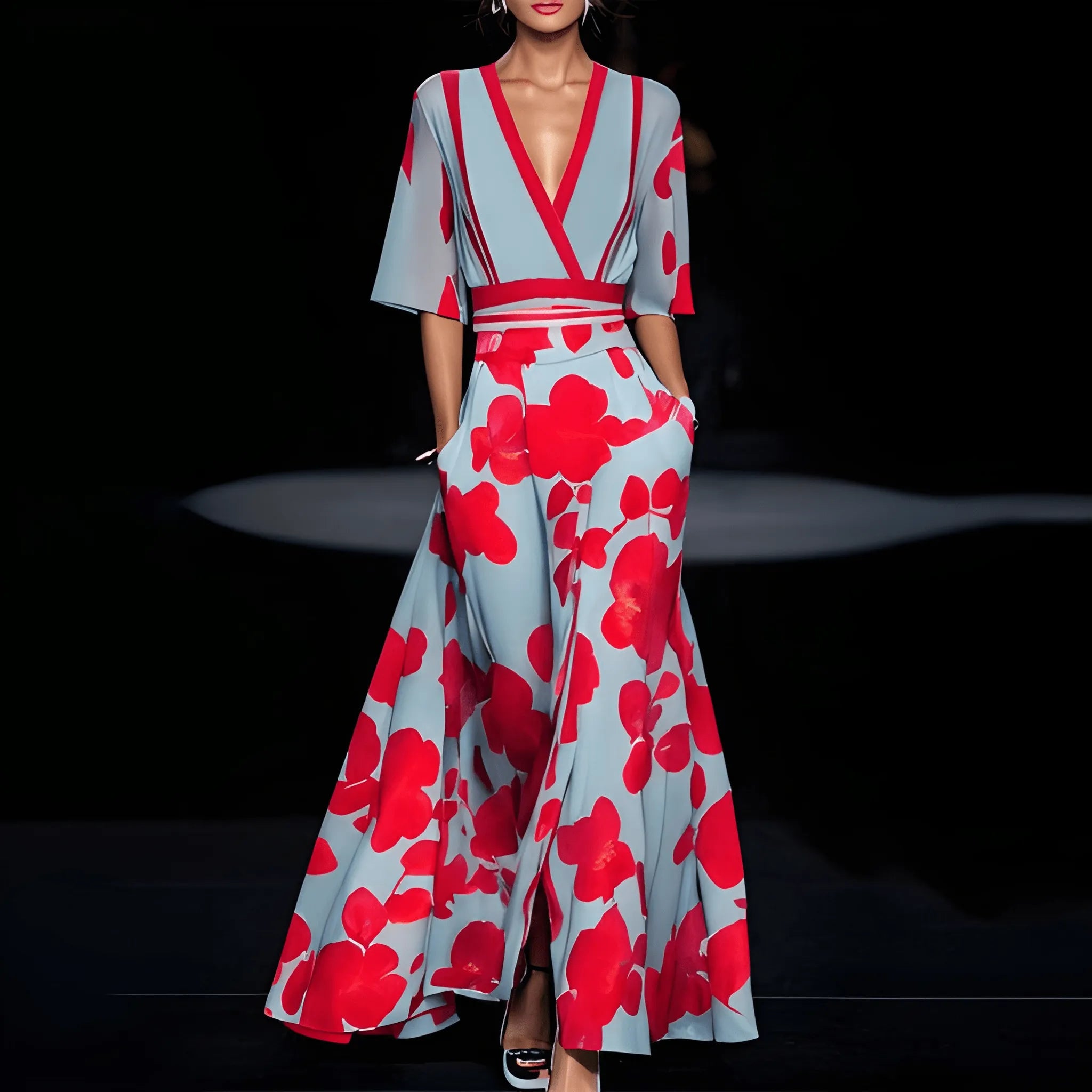 Women's Floral Flowy Maxi Summer Dress with V-Neck