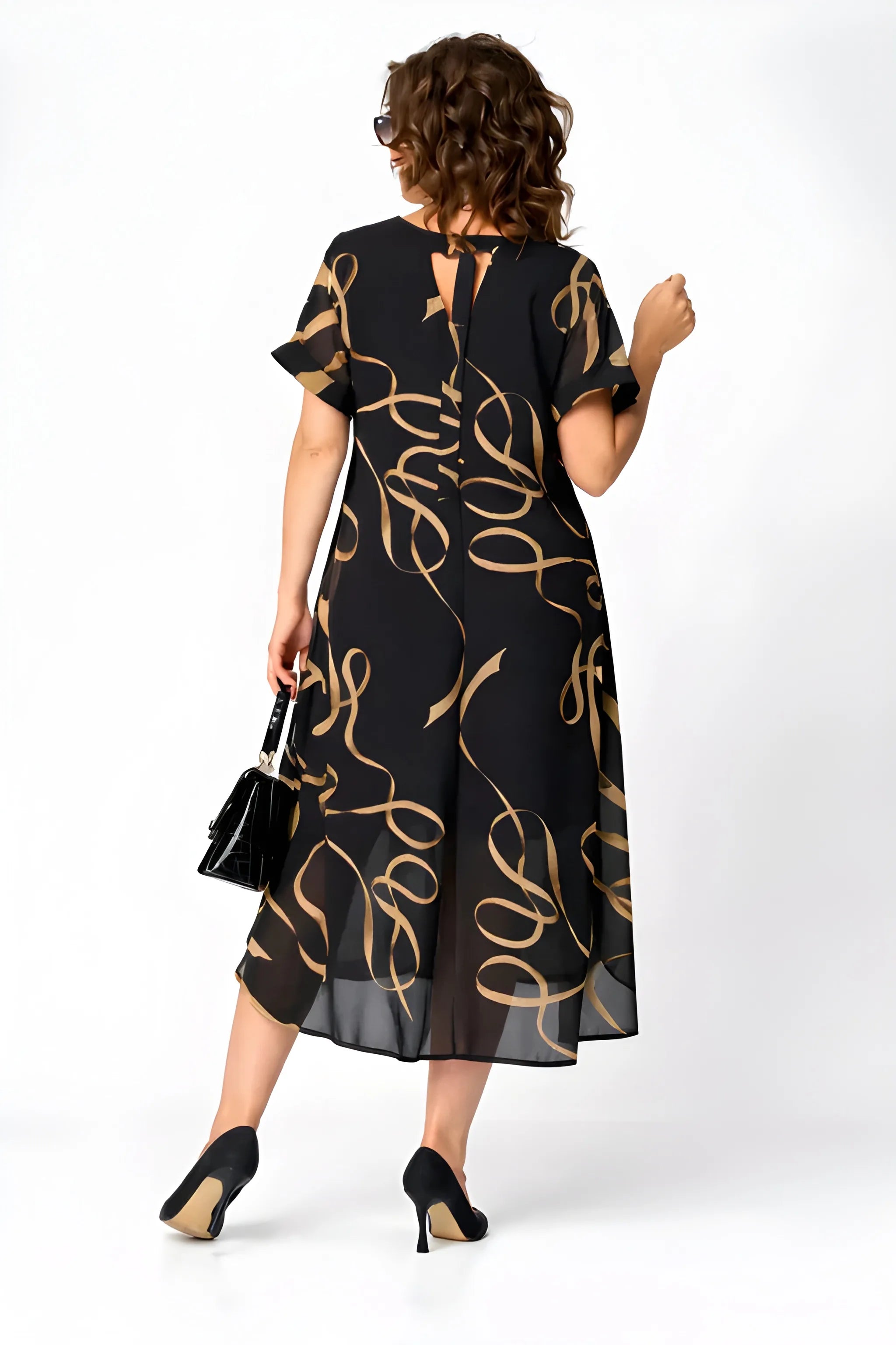 Women's Printed Flowy Midi Summer Dress with V-Neck