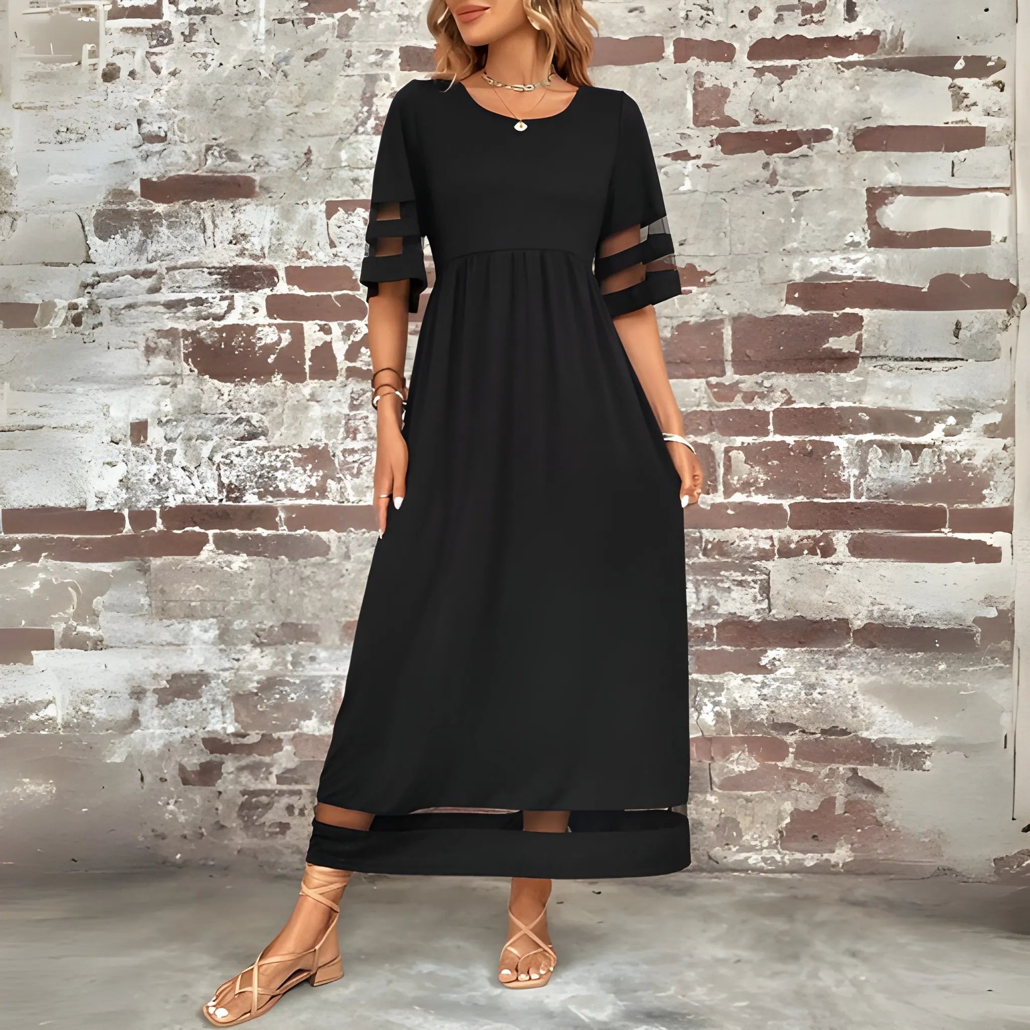 Women's Elegant Flowy Midi Summer Dress with Mesh Detail