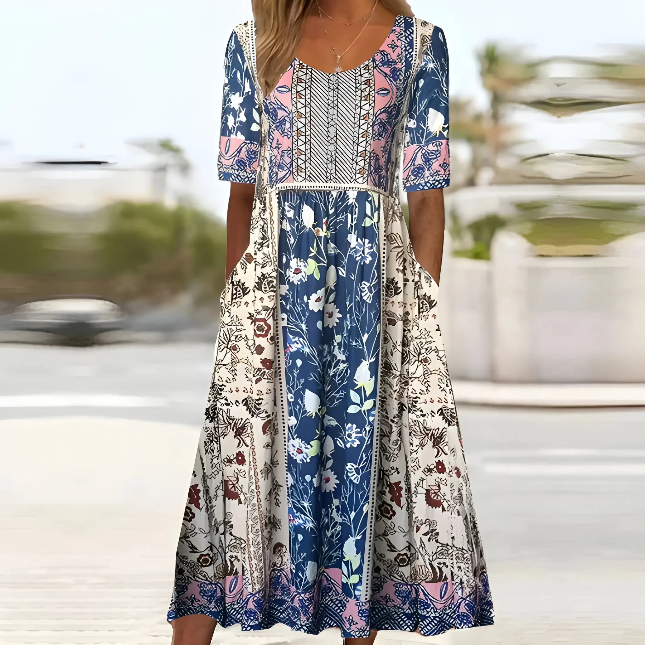Women's Boho Midi Summer Dress with Square Neck and Tiered Skirt