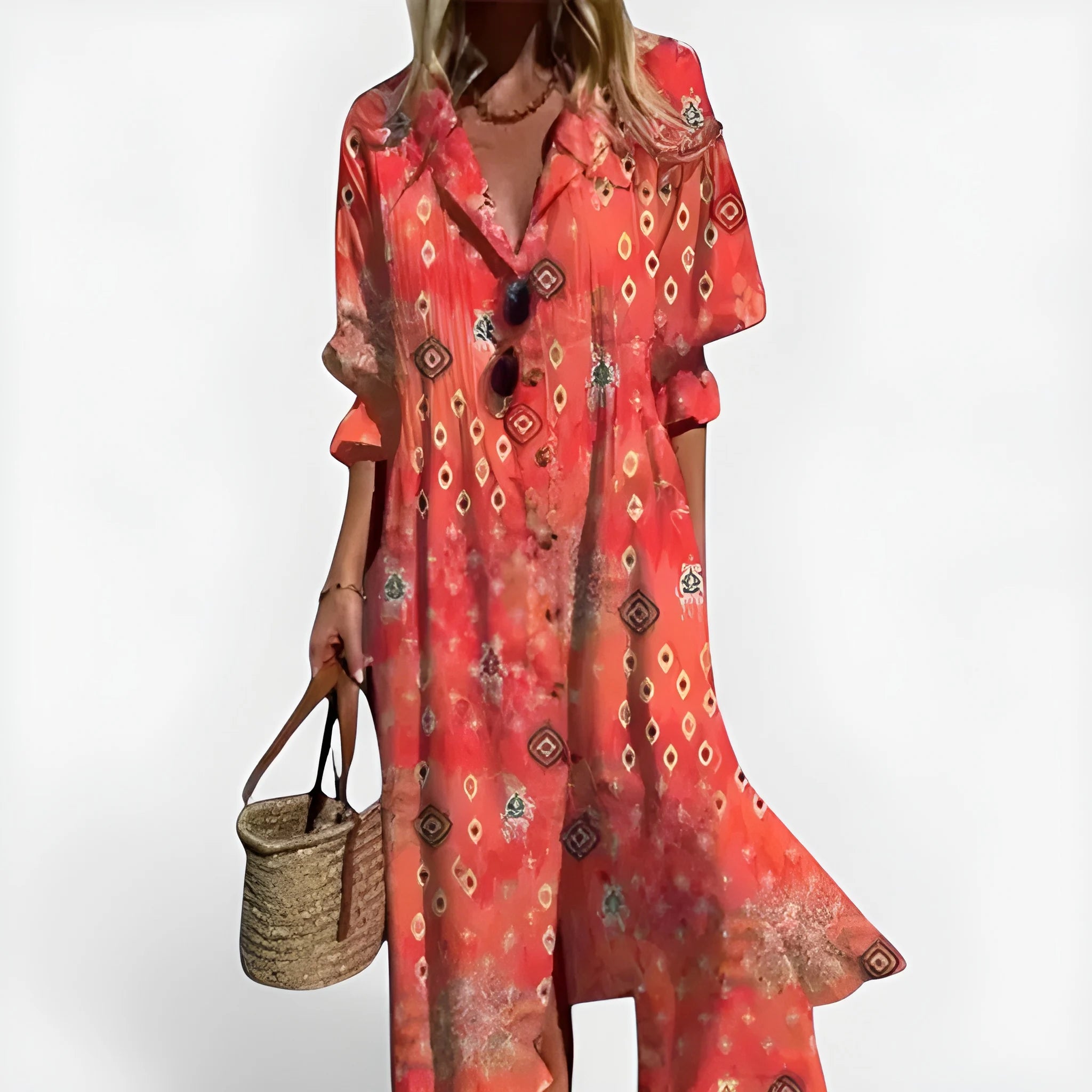 Women's Floral Boho Midi Summer Dress with Short Sleeve and Button