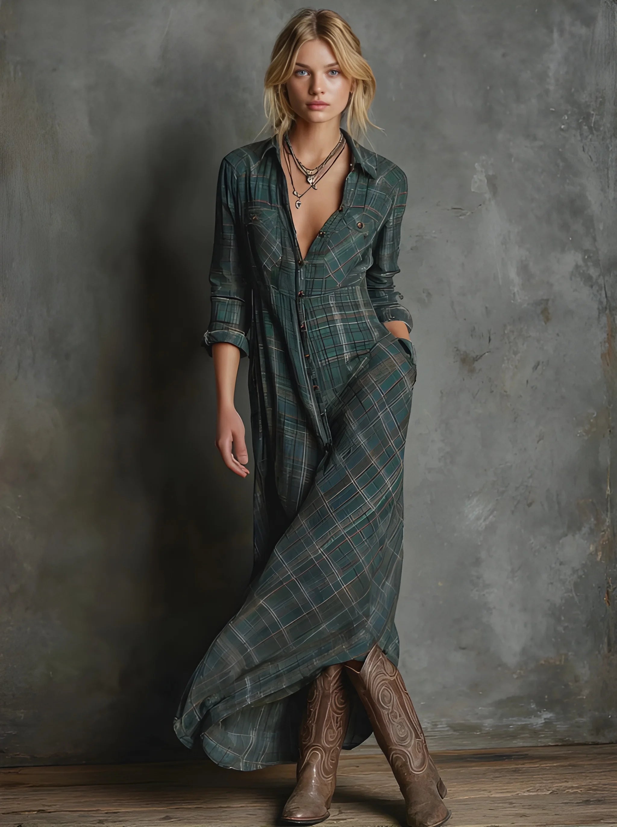 Women's Casual Plaid Maxi Summer Dress with Long Sleeves