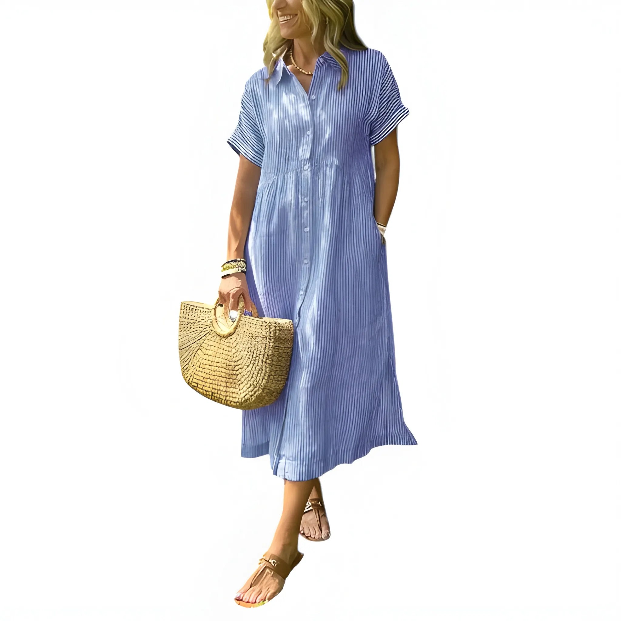 Women's Casual Flowy Midi Summer Dress with Short Sleeve and Button Front
