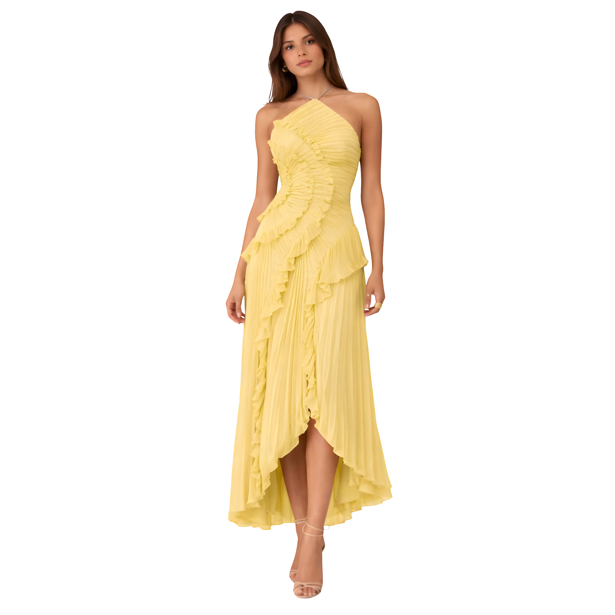 Women's Wedding Guest Maxi Dress with Halter Neckline and Pleated Ruffle