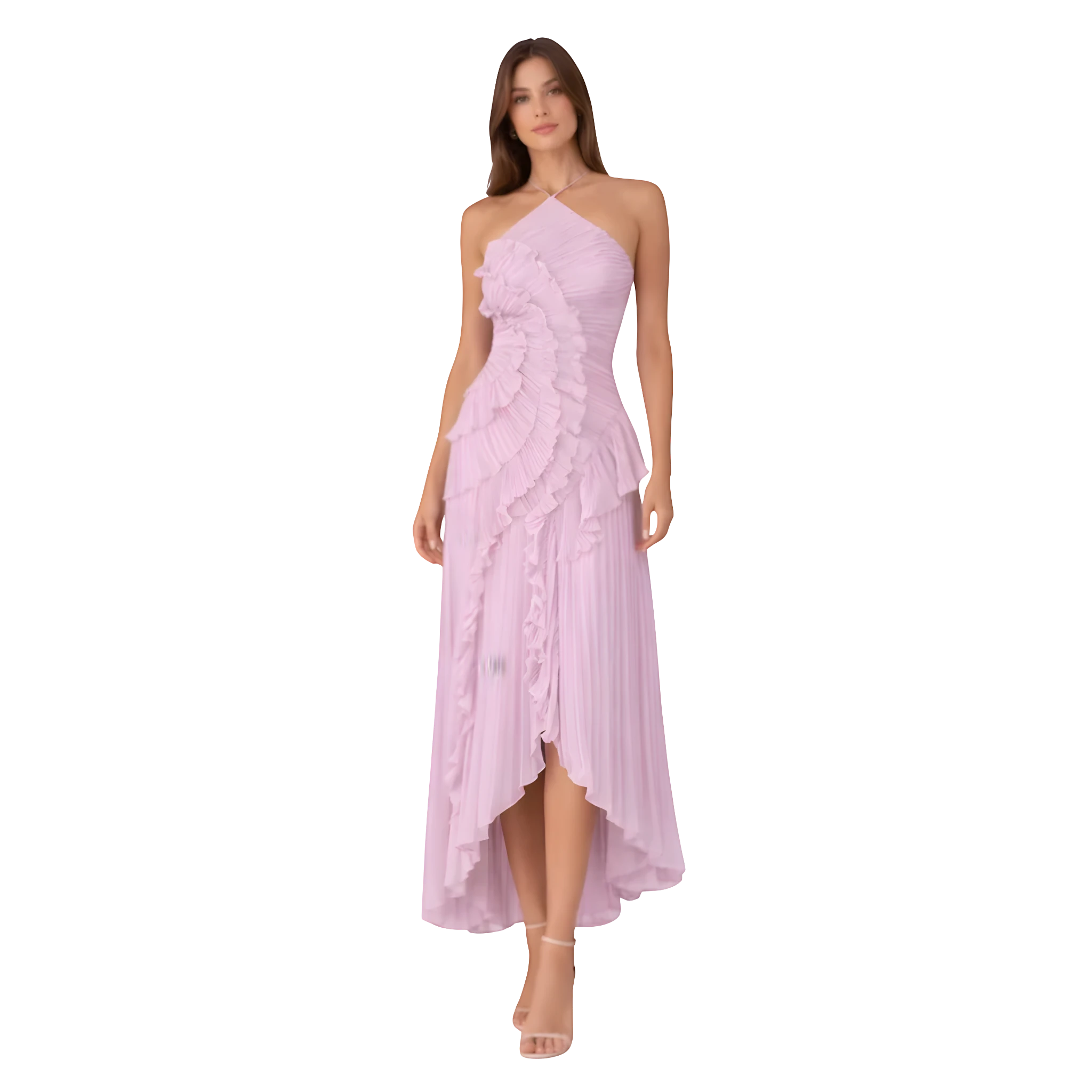 Women's Wedding Guest Maxi Dress with Halter Neckline and Pleated Ruffle