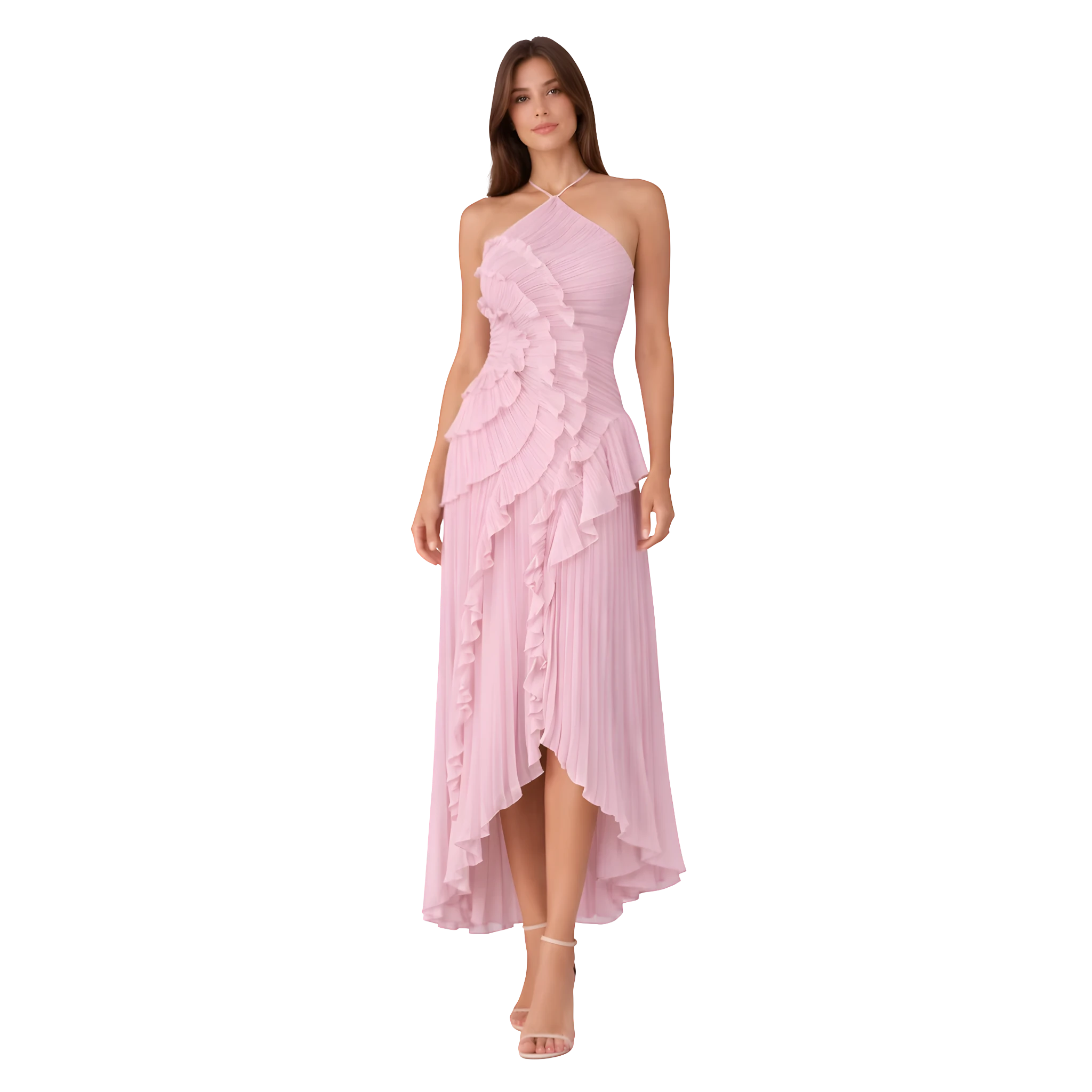 Women's Wedding Guest Maxi Dress with Halter Neckline and Pleated Ruffle