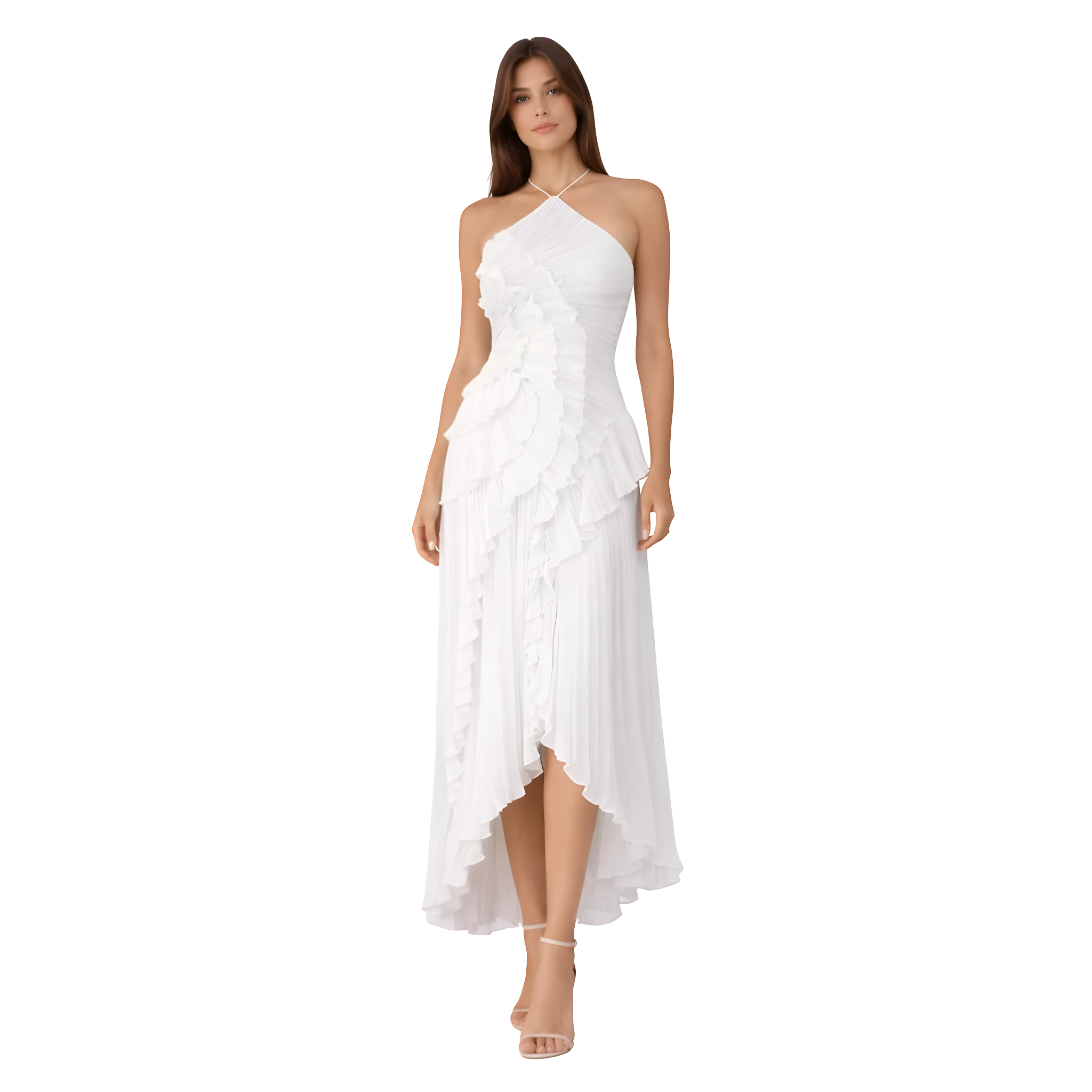 Women's Wedding Guest Maxi Dress with Halter Neckline and Pleated Ruffle