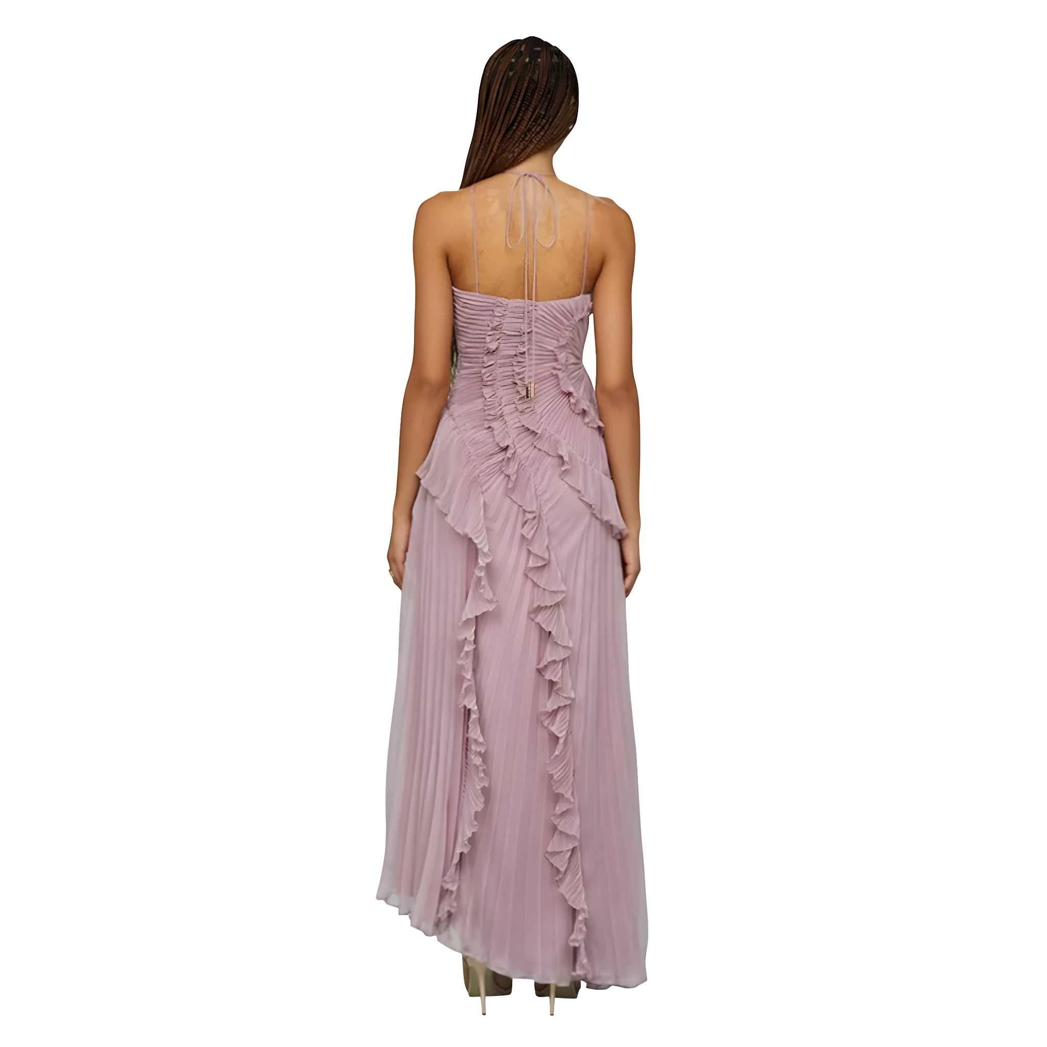 Women's Wedding Guest Maxi Dress with Halter Neckline and Pleated Ruffle