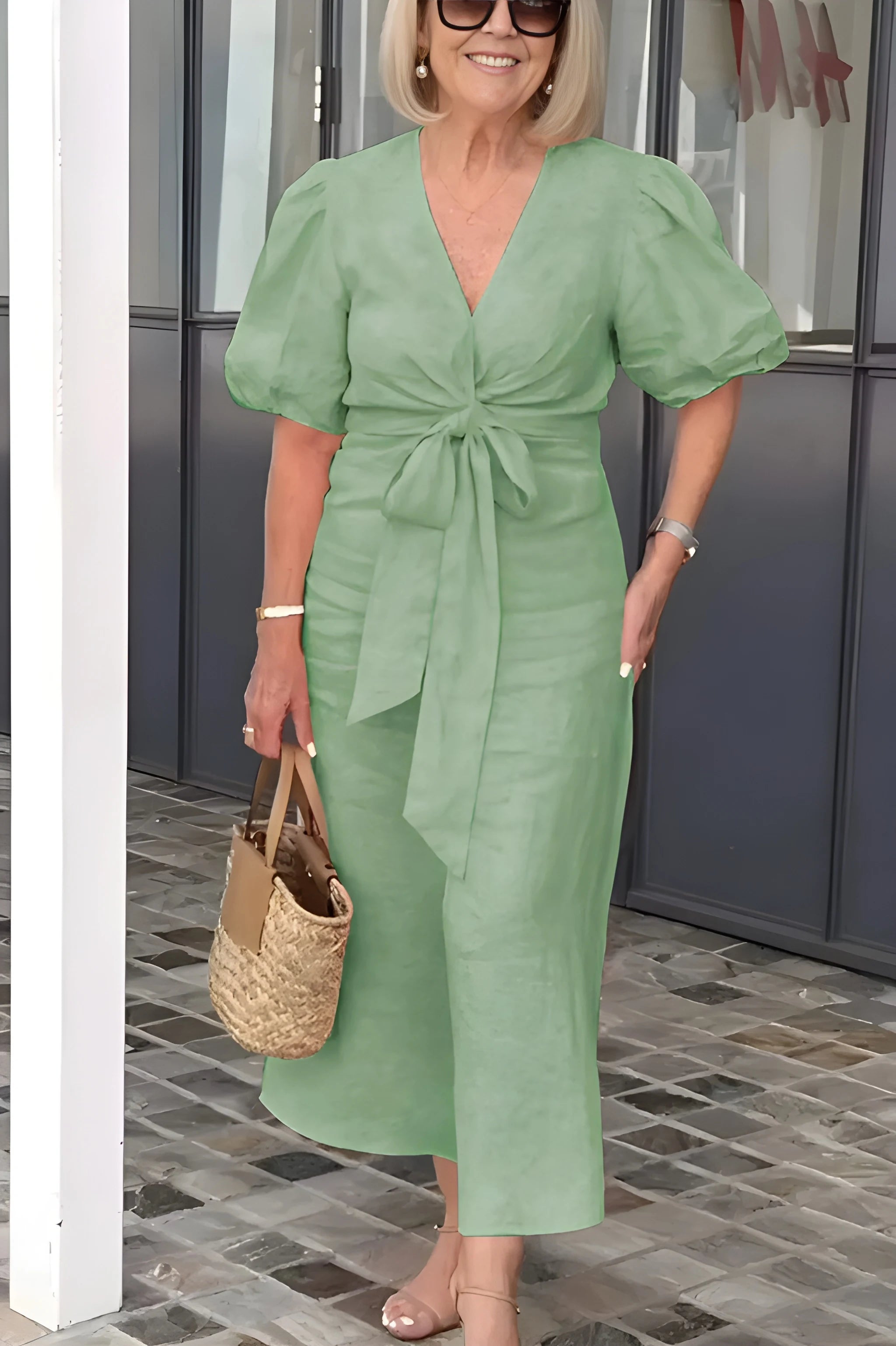 Women's Elegant Midi Summer Dress with Puff Sleeve