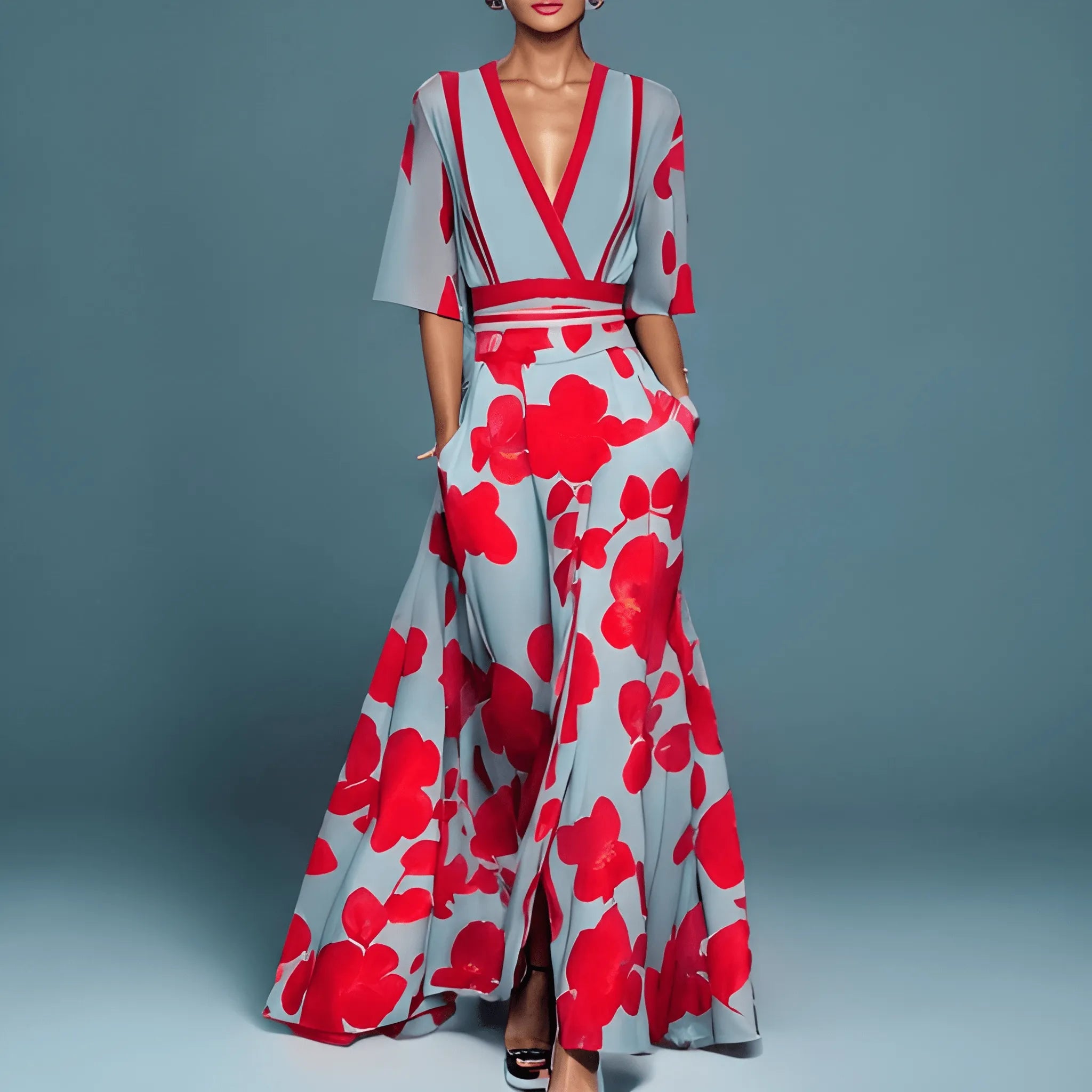 Women's Floral Flowy Maxi Summer Dress with V-Neck