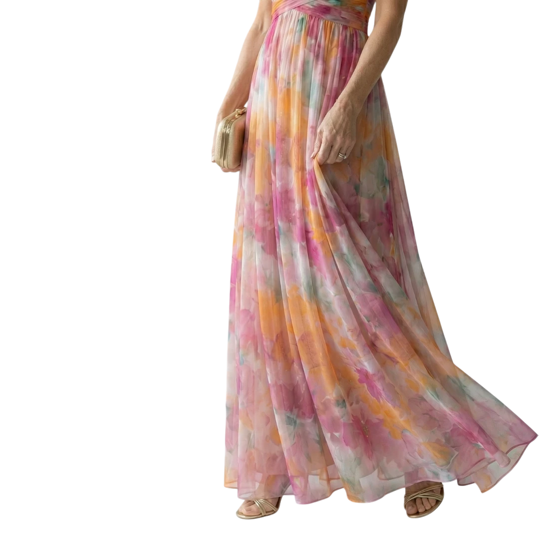 Women's Floral Maxi Wedding Guest Dress with Sweetheart Neckline and Tulle