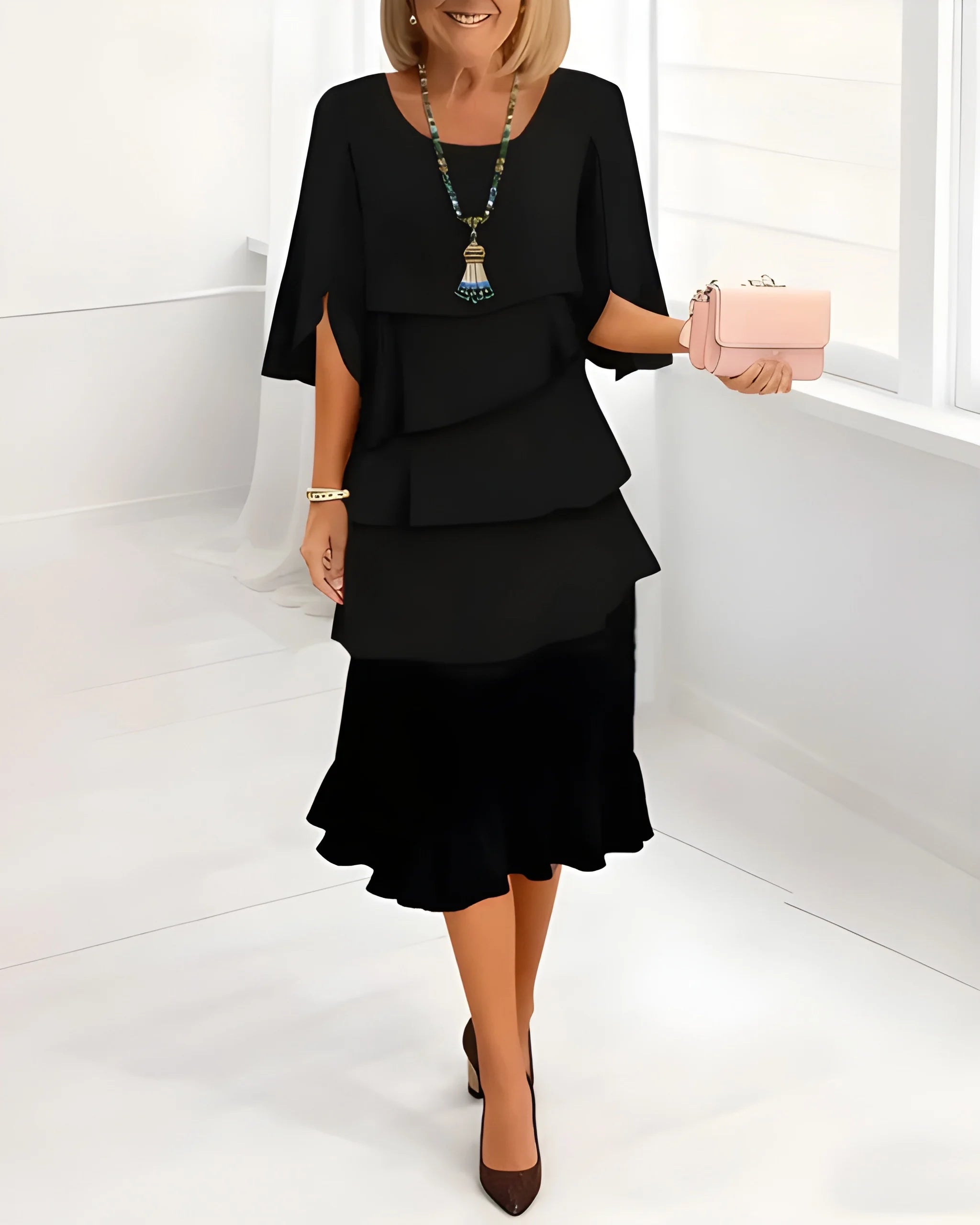 Women's Elegant Ruffle Midi Summer Dress with Split Sleeves