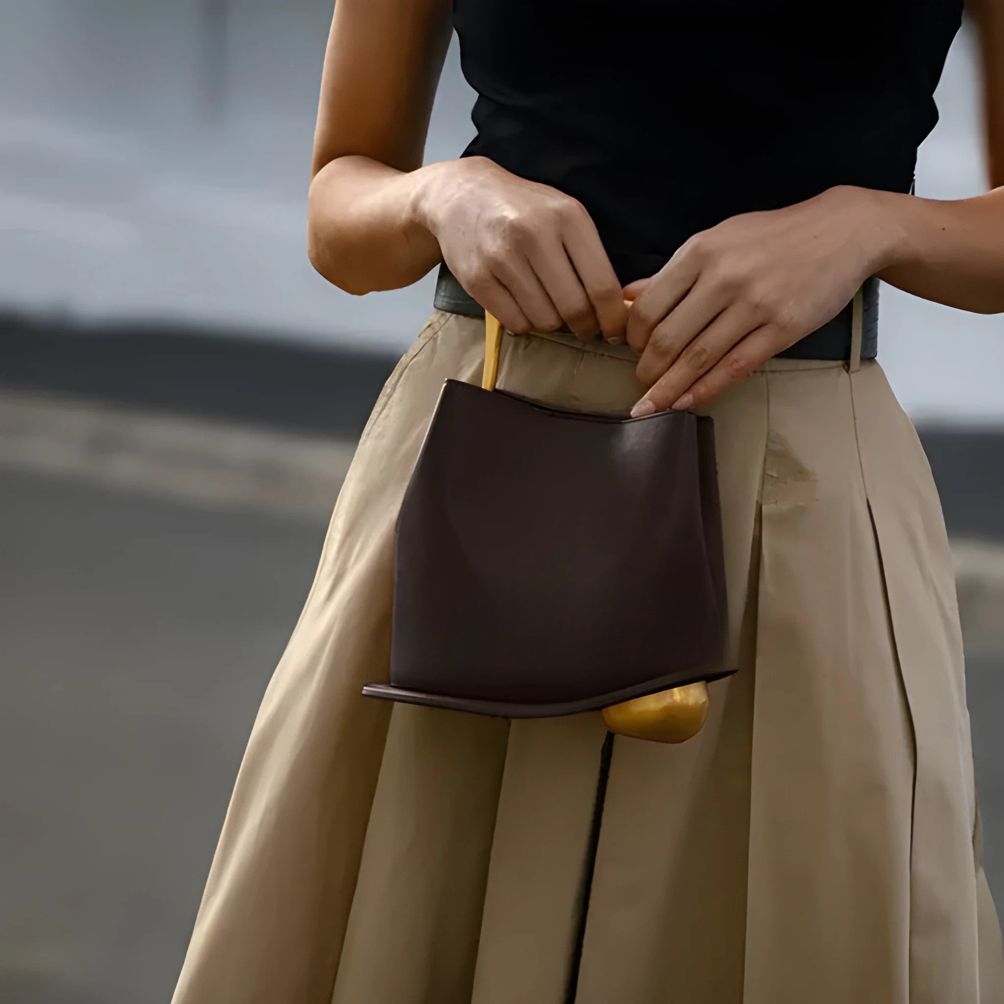 Women's Asymmetrical Hand Bag with Geometric Handle and Detachable Strap