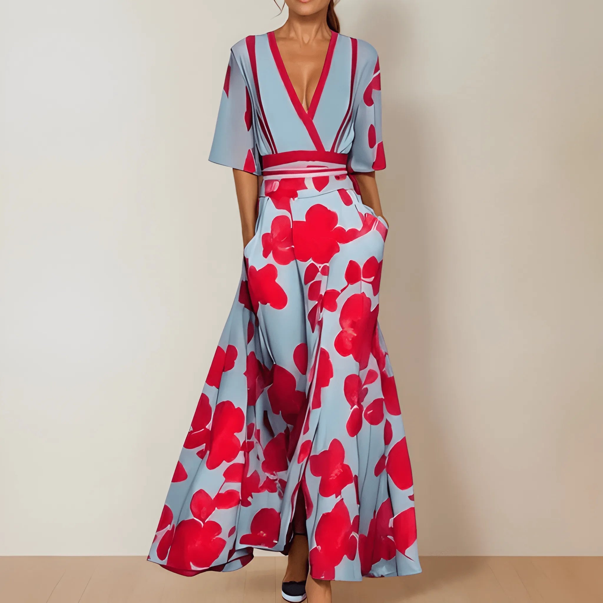 Women's Floral Flowy Maxi Summer Dress with V-Neck