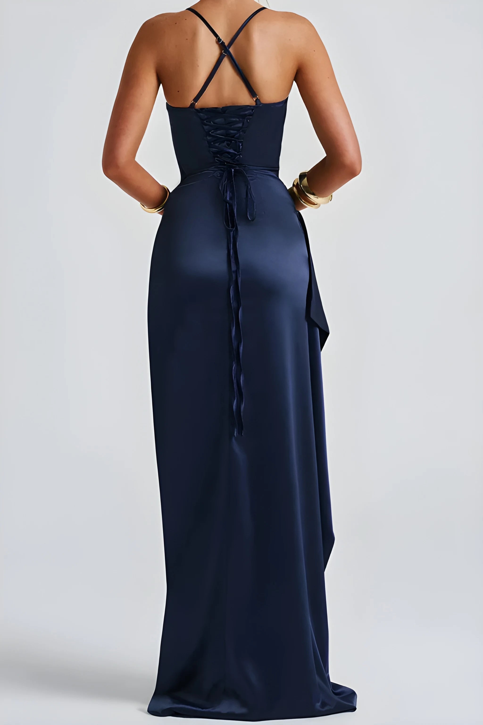 Women's Elegant Ruched Maxi Wedding Guest Dress with Spaghetti Straps and High Slit