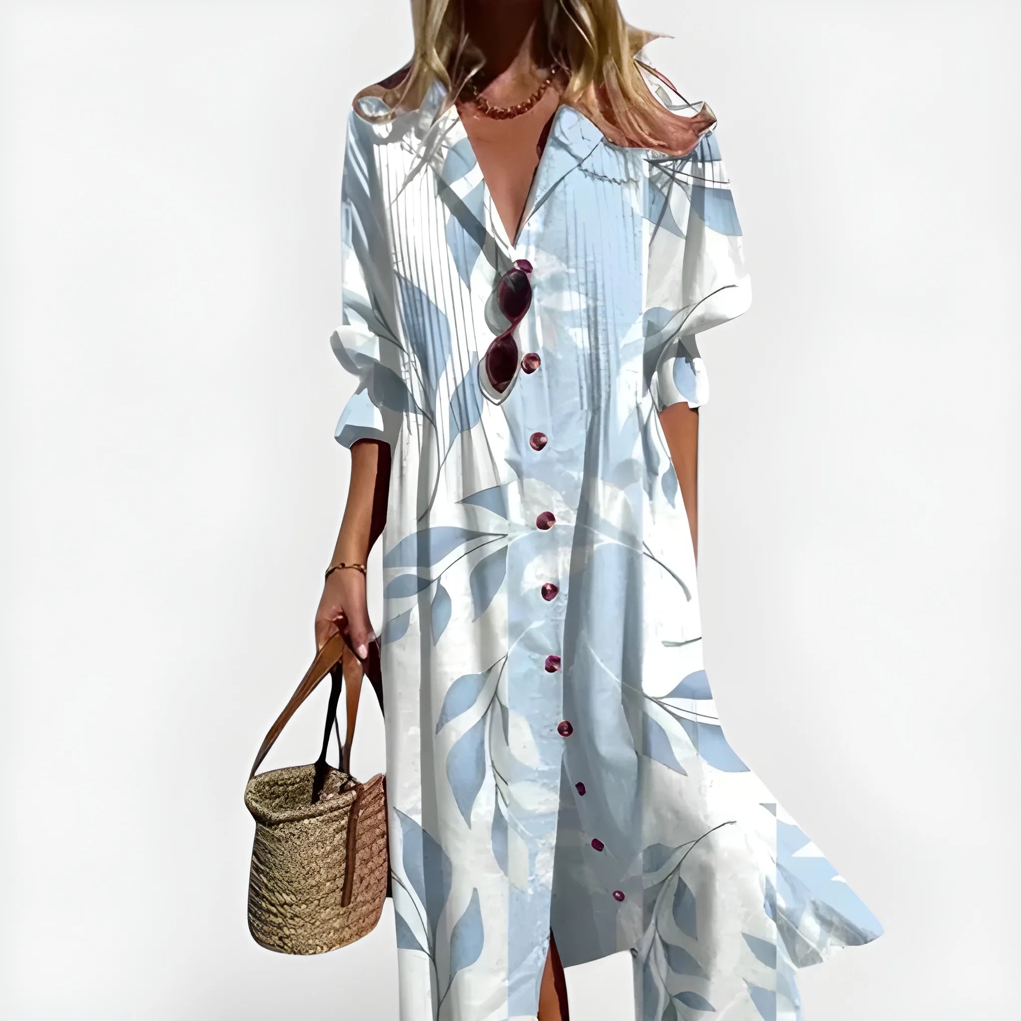 Women's Floral Boho Midi Summer Dress with Short Sleeve and Button