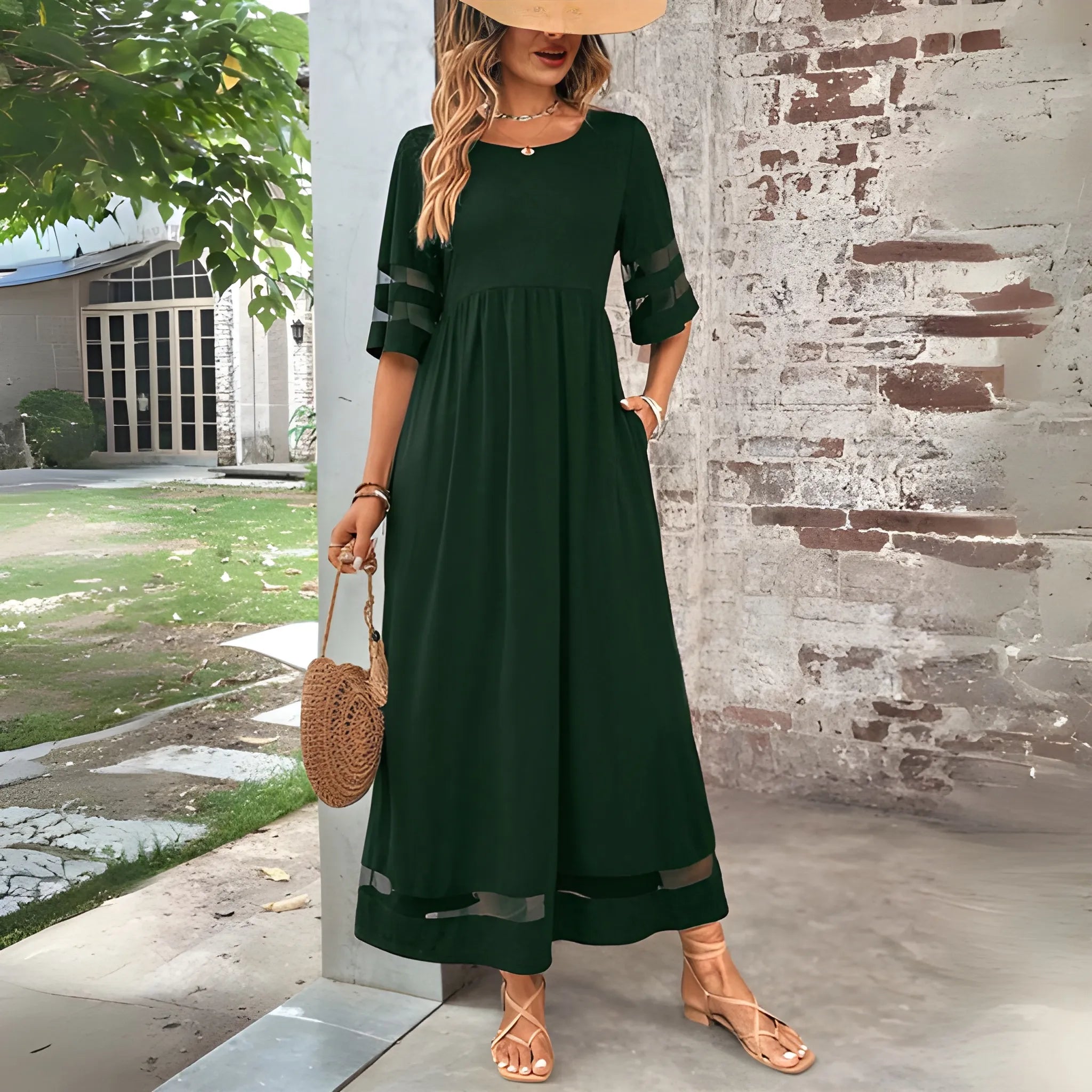 Women's Elegant Flowy Midi Summer Dress with Mesh Detail