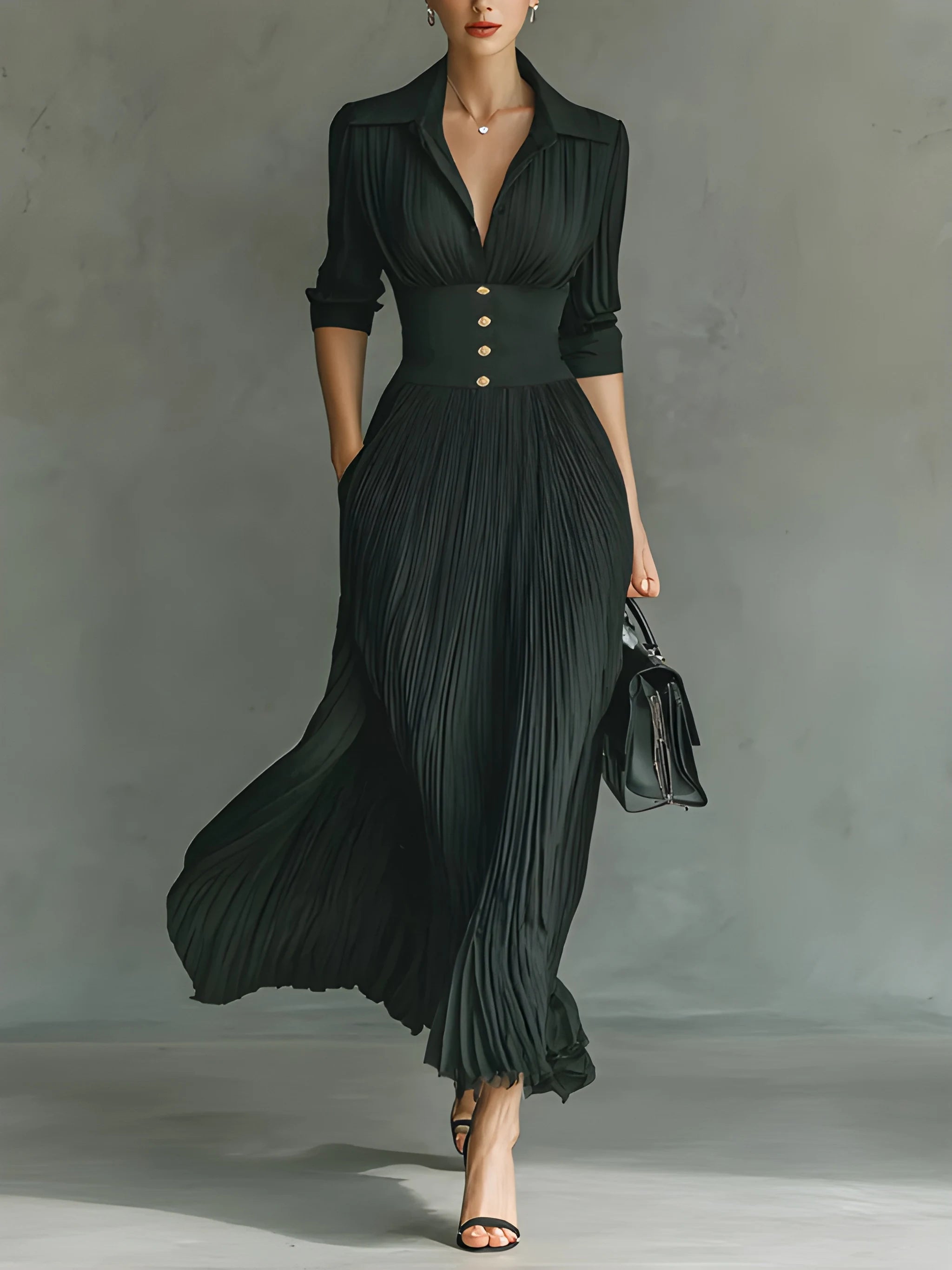 Women's Casual Elegant Maxi Summer Dress with Pleated Skirt and Long Sleeve