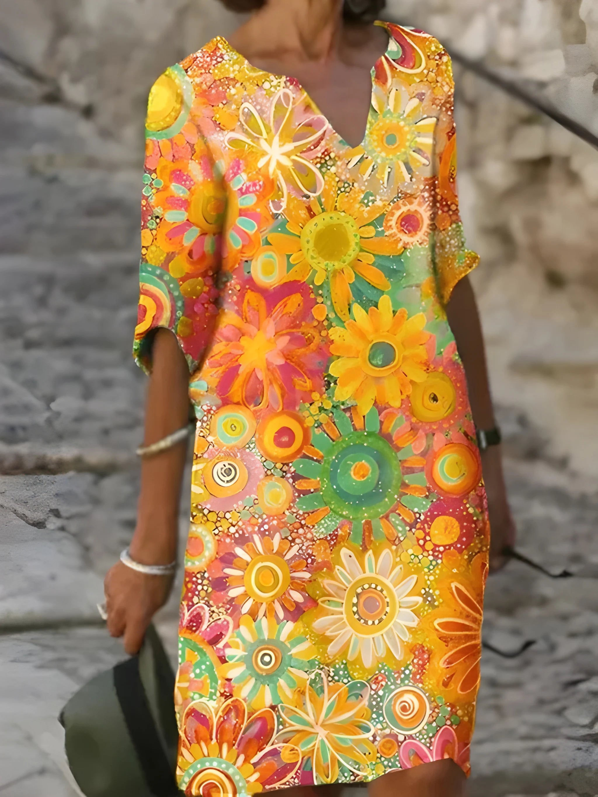 Women's Vintage Floral Midi Summer Dress with V-Neck