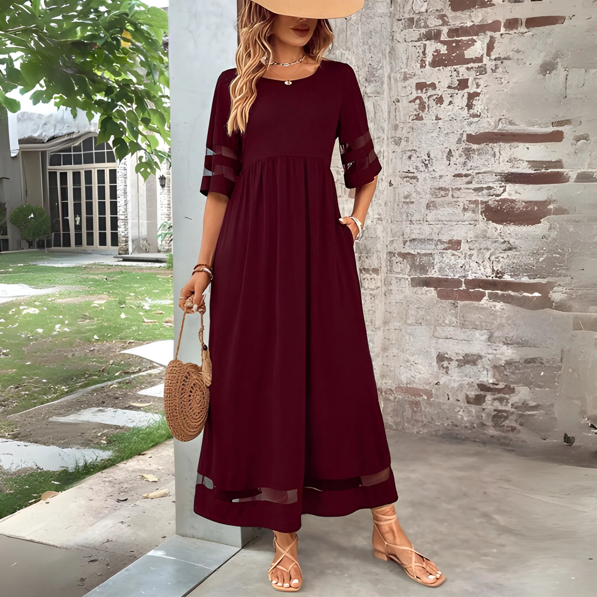 Women's Elegant Flowy Midi Summer Dress with Mesh Detail